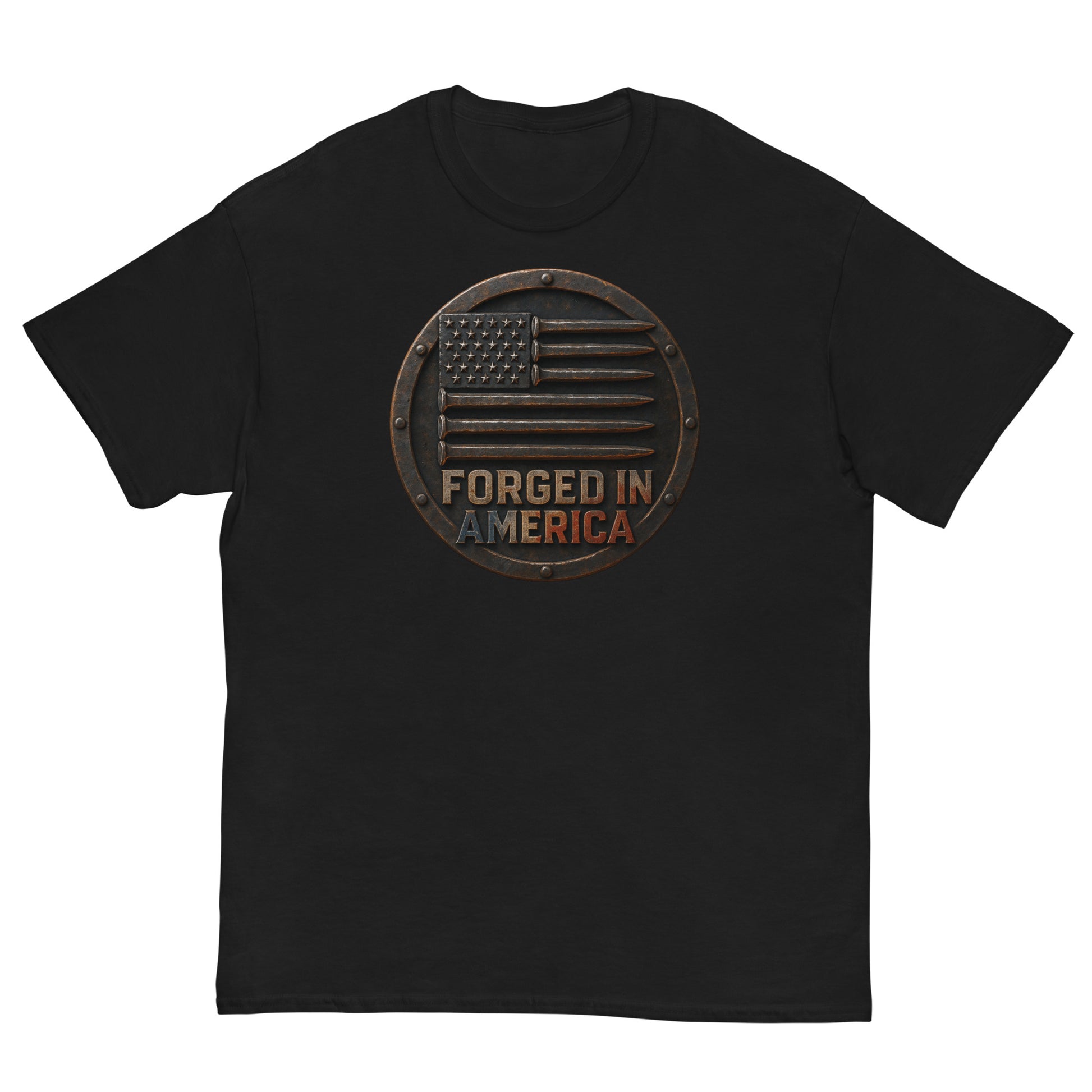 Black t-shirt with 'Forged in America' graphic on a white background