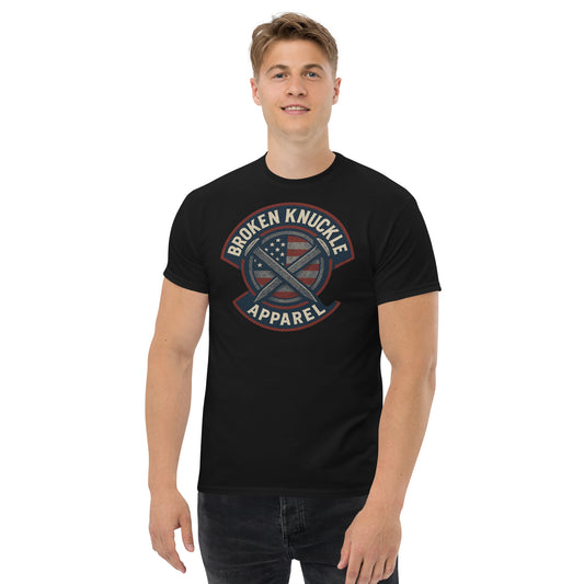 Man wearing a black t-shirt with 'Broken Knuckle Apparel' logo on a white background