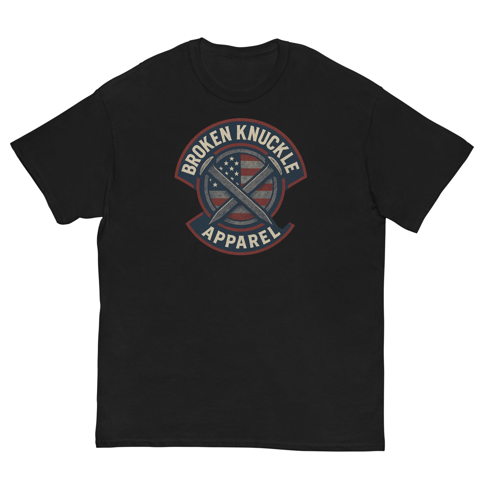 Black t-shirt with 'Broken Knuckle Apparel' logo on a white background