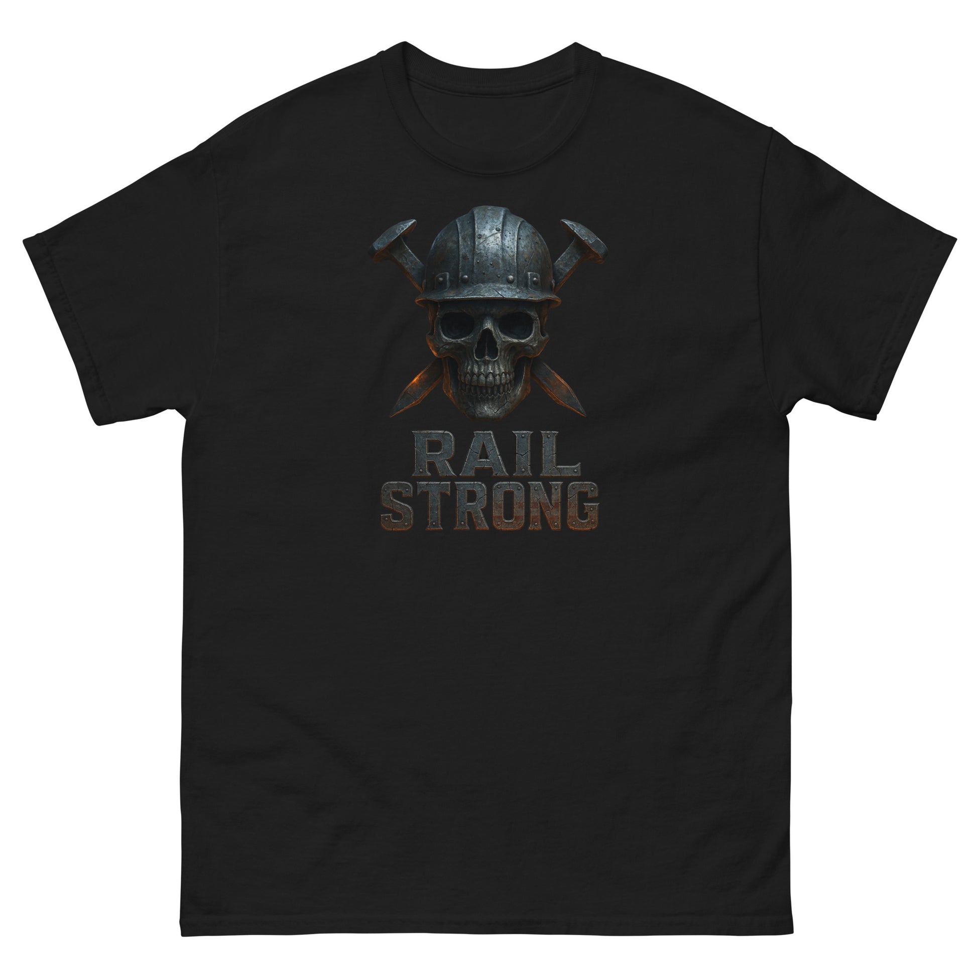 Black t-shirt with a skull wearing a helmet and 'Rail Strong' text on a white background