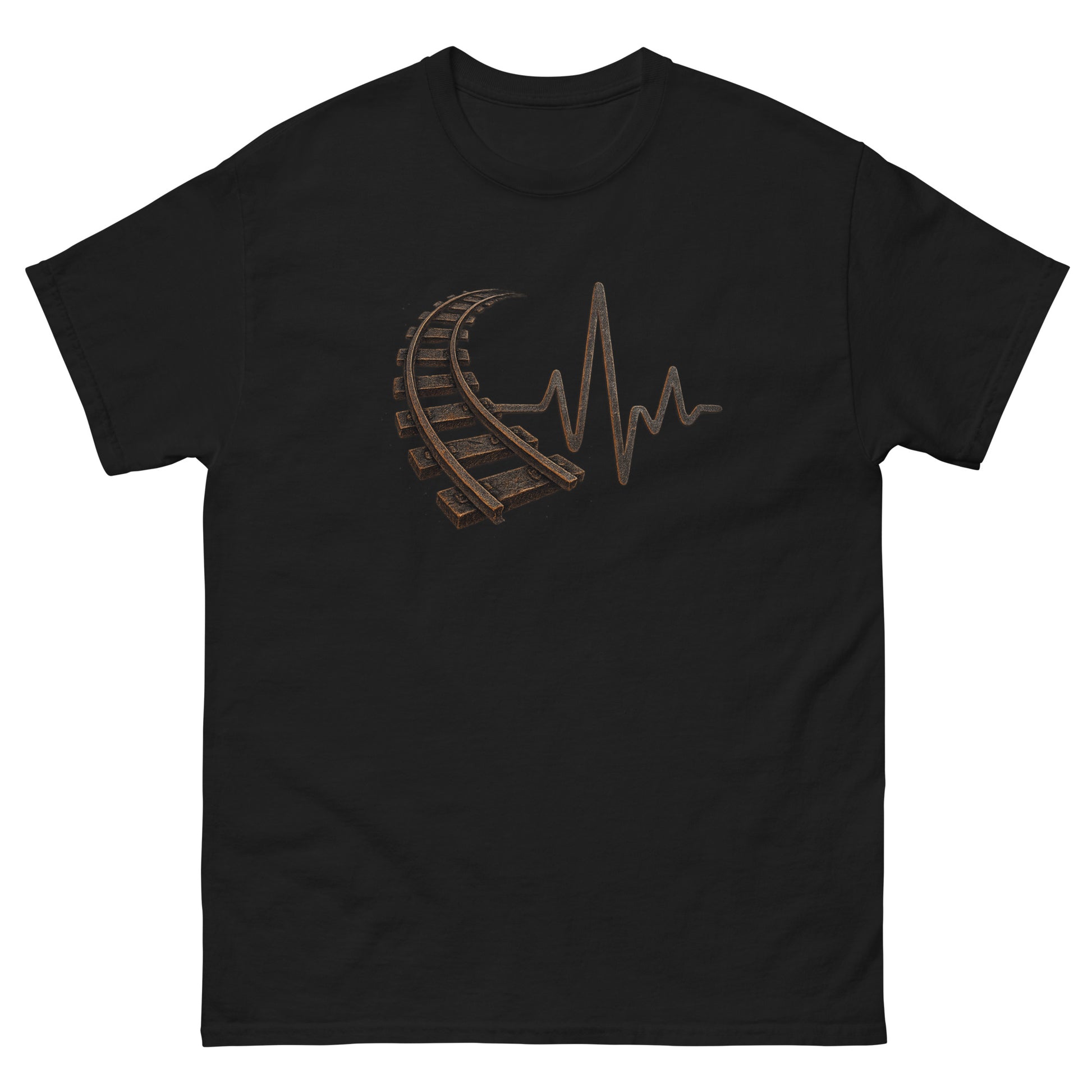 Black t-shirt with a roller coaster design on a white background