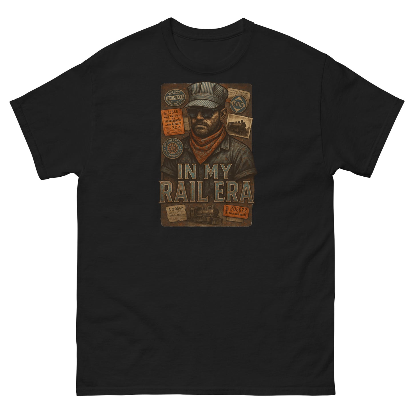 Black t-shirt with a graphic design featuring a man in a cap and scarf, text 'IN MY RAIL ERA', and various labels on a white background.