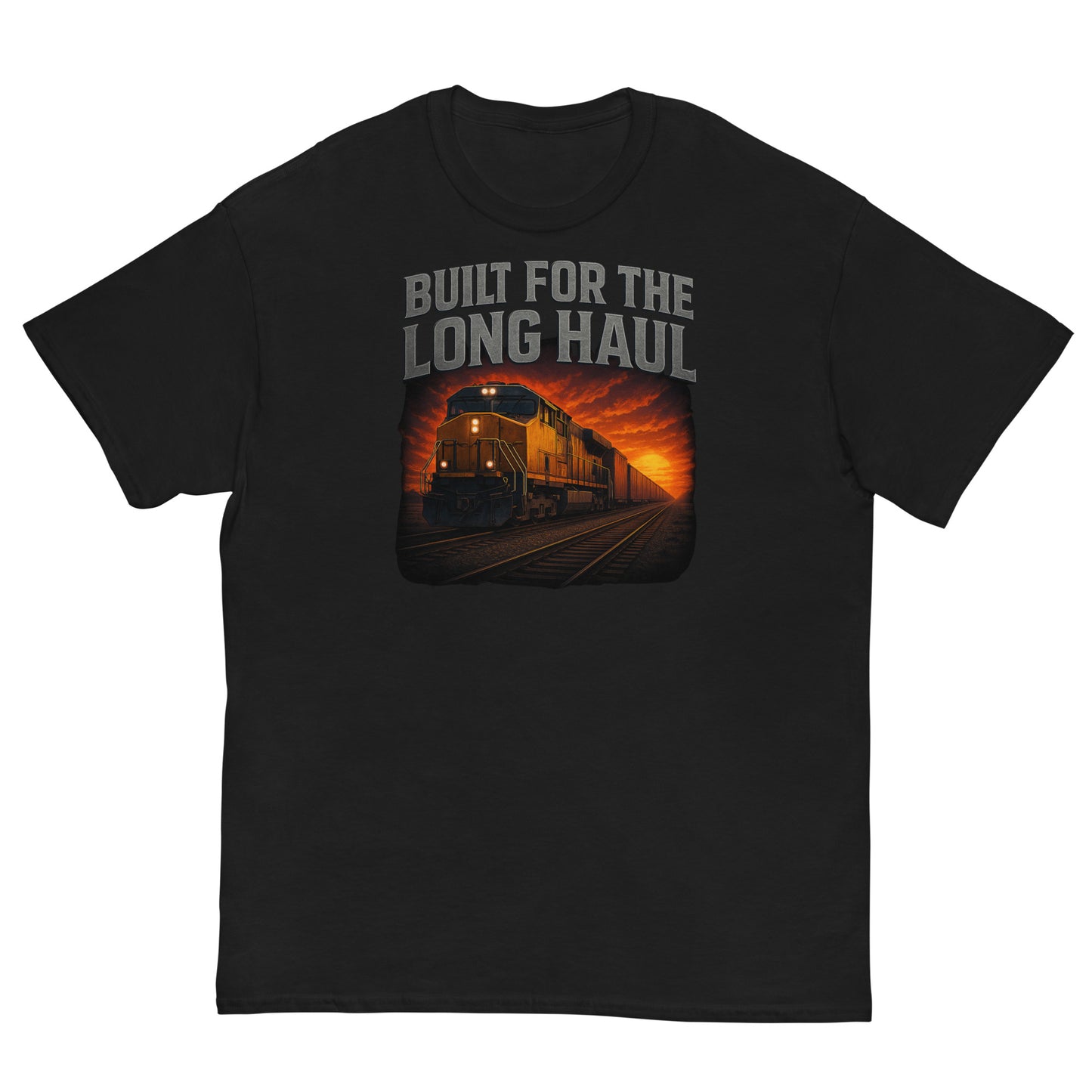 Black t-shirt with a train graphic and 'Built for the Long Haul' text on a white background