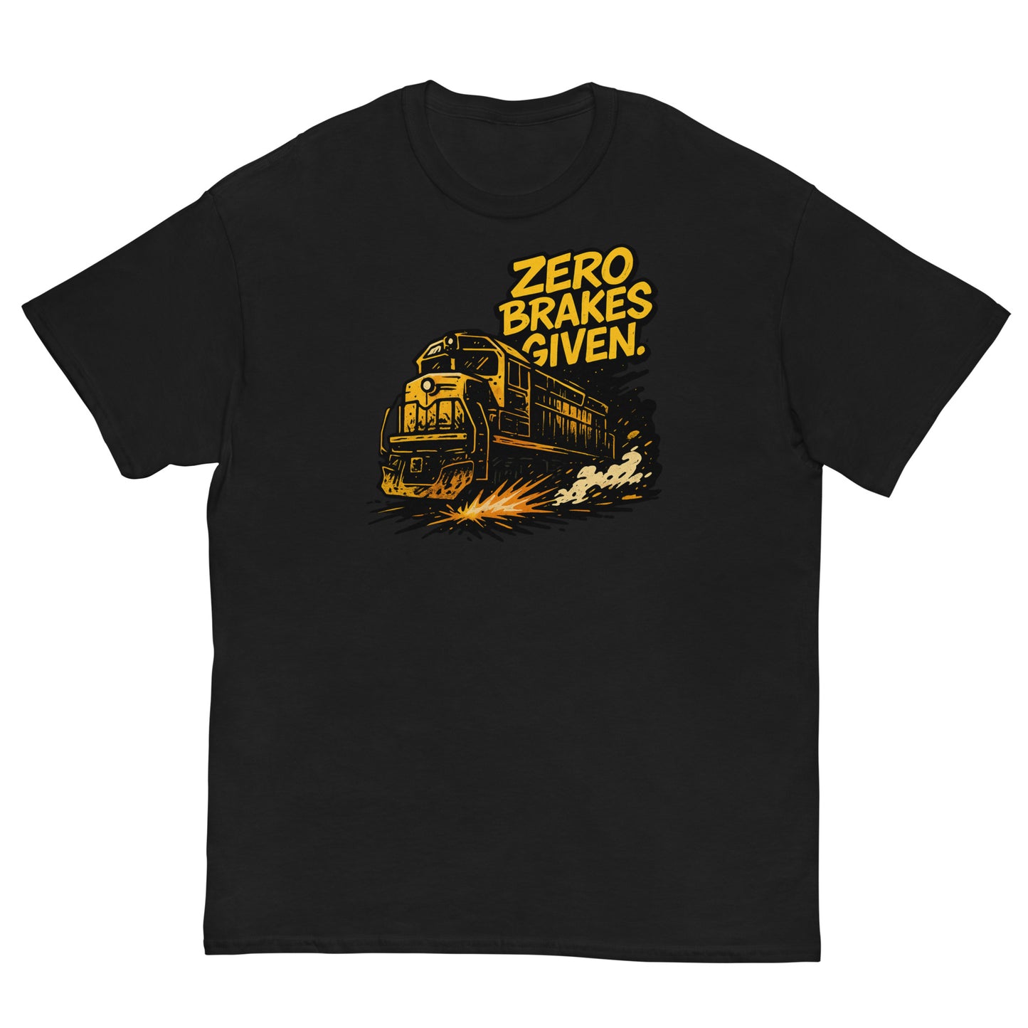 Black t-shirt with a train graphic and 'Zero Brakes Given' text on a white background
