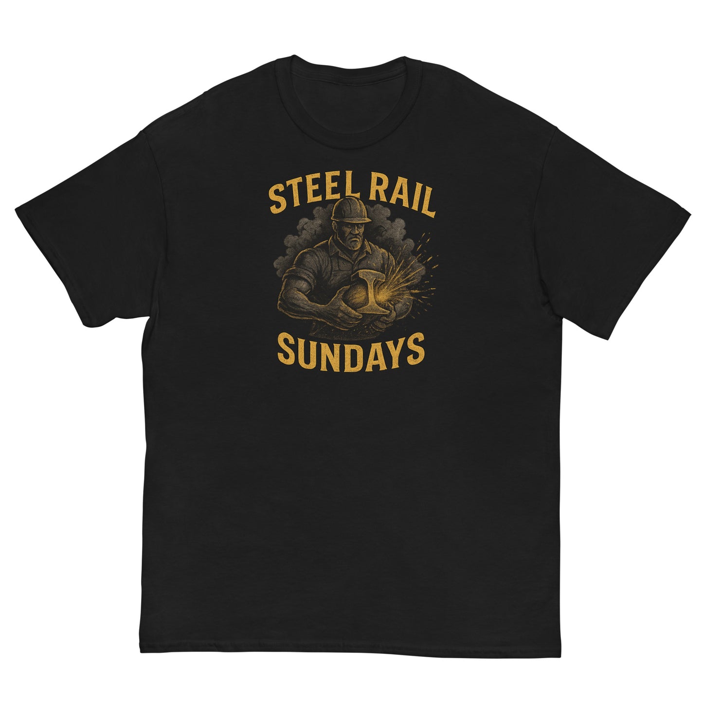 Black t-shirt with 'Steel Rail Sundays' graphic design on a white background