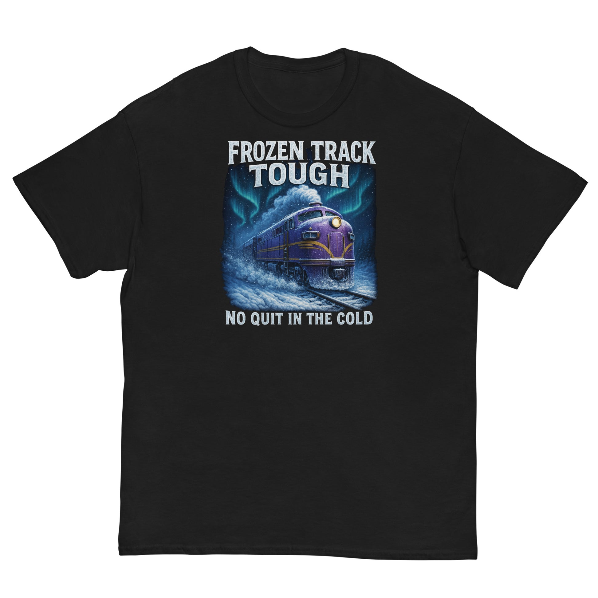 Black t-shirt with a graphic of a train and text 'Frozen Track Tough No Quit in the Cold' on a white background