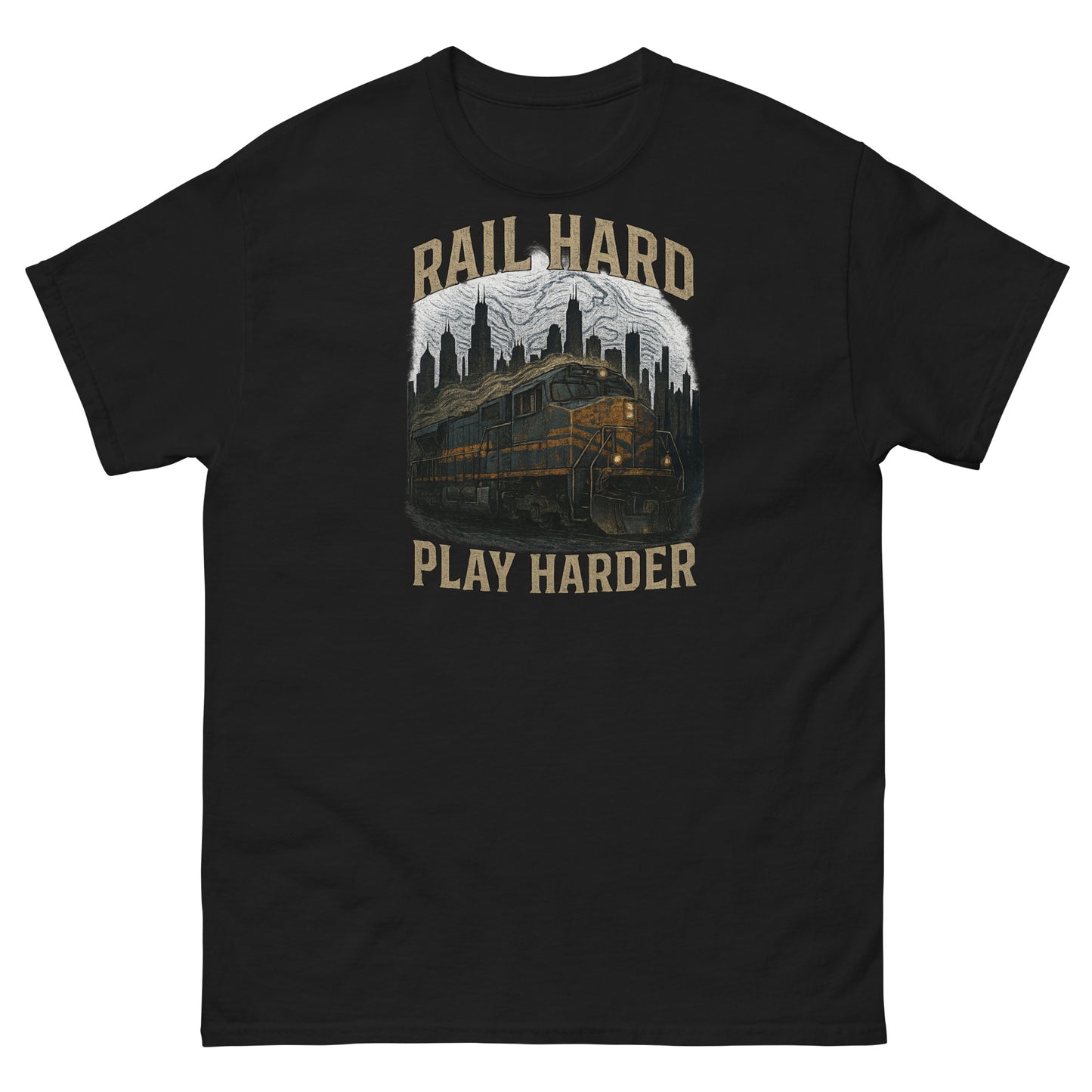 Black t-shirt with a graphic of a train and text 'Rail Hard Play Harder' on a white background