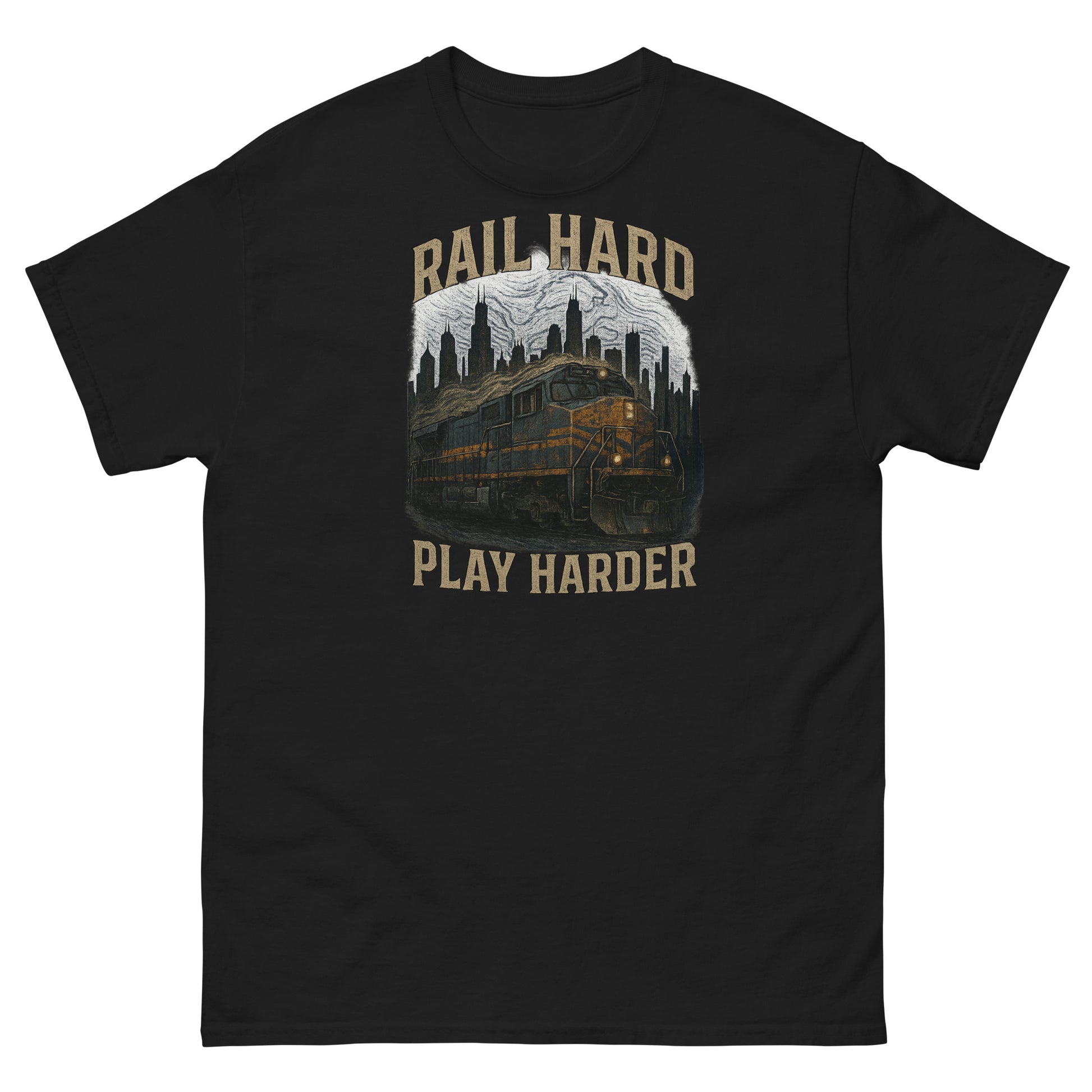 Black t-shirt with a graphic of a train and text 'Rail Hard Play Harder' on a white background