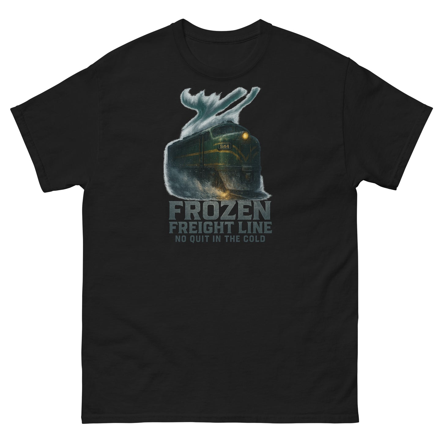 Black t-shirt with a graphic design and text 'Frozen Freight Line' on a white background