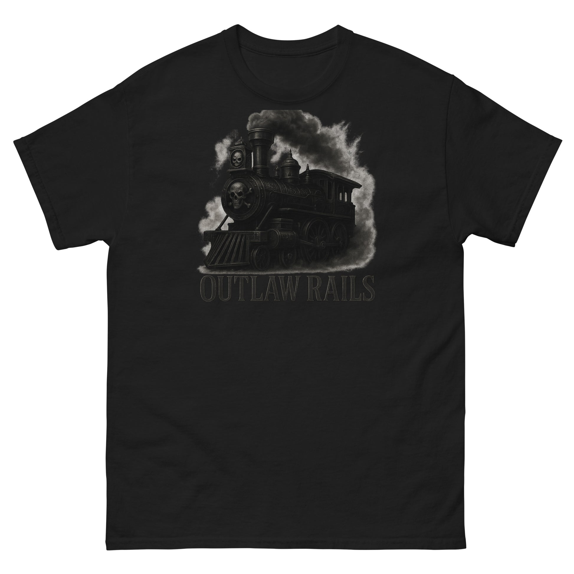 Black t-shirt with a steam locomotive graphic and 'Outlaw Rails' text on a white background