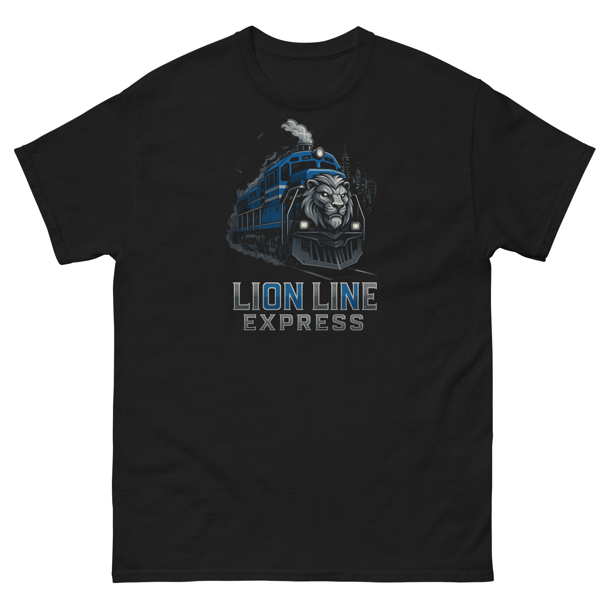 Black t-shirt with a train and lion design labeled 'Lion Line Express' on a white background