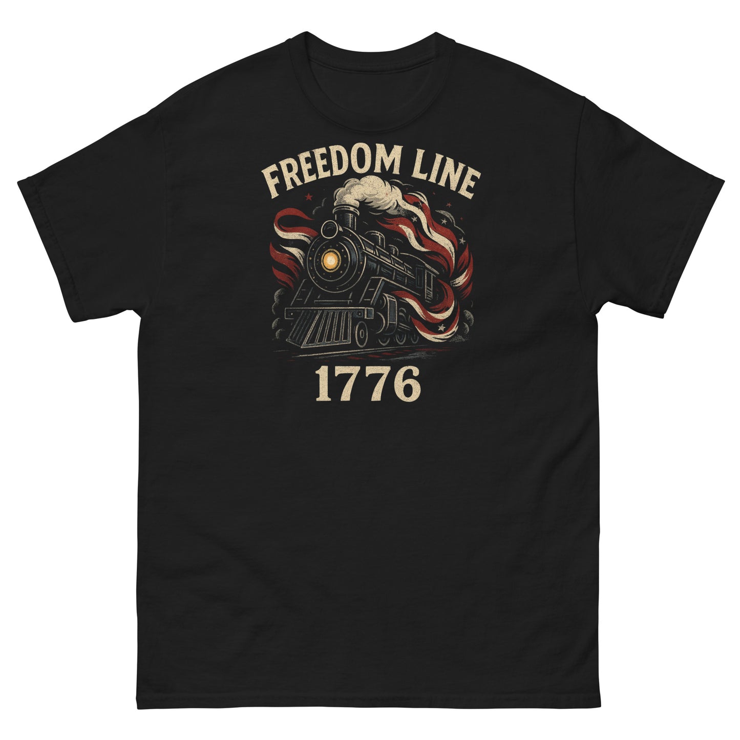 Black t-shirt with 'Freedom Line 1776' graphic design featuring a train and American flag on a white background.