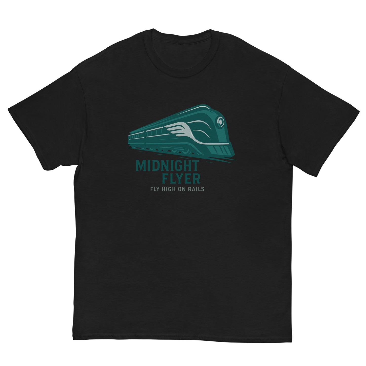 Black t-shirt with teal train graphic and text on a white background