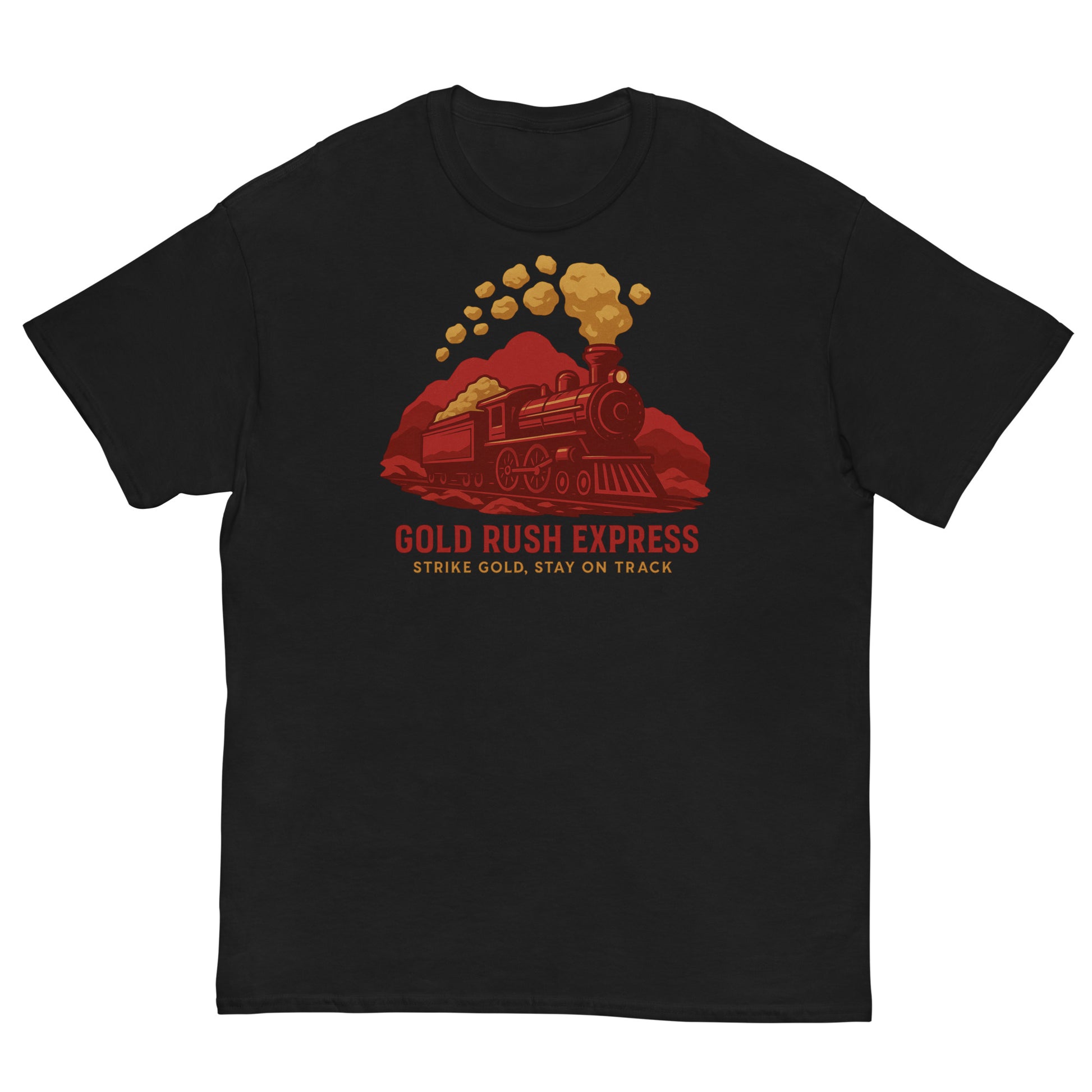 Black t-shirt with a red and gold graphic of a train and 'Gold Rush Express' text on a white background.