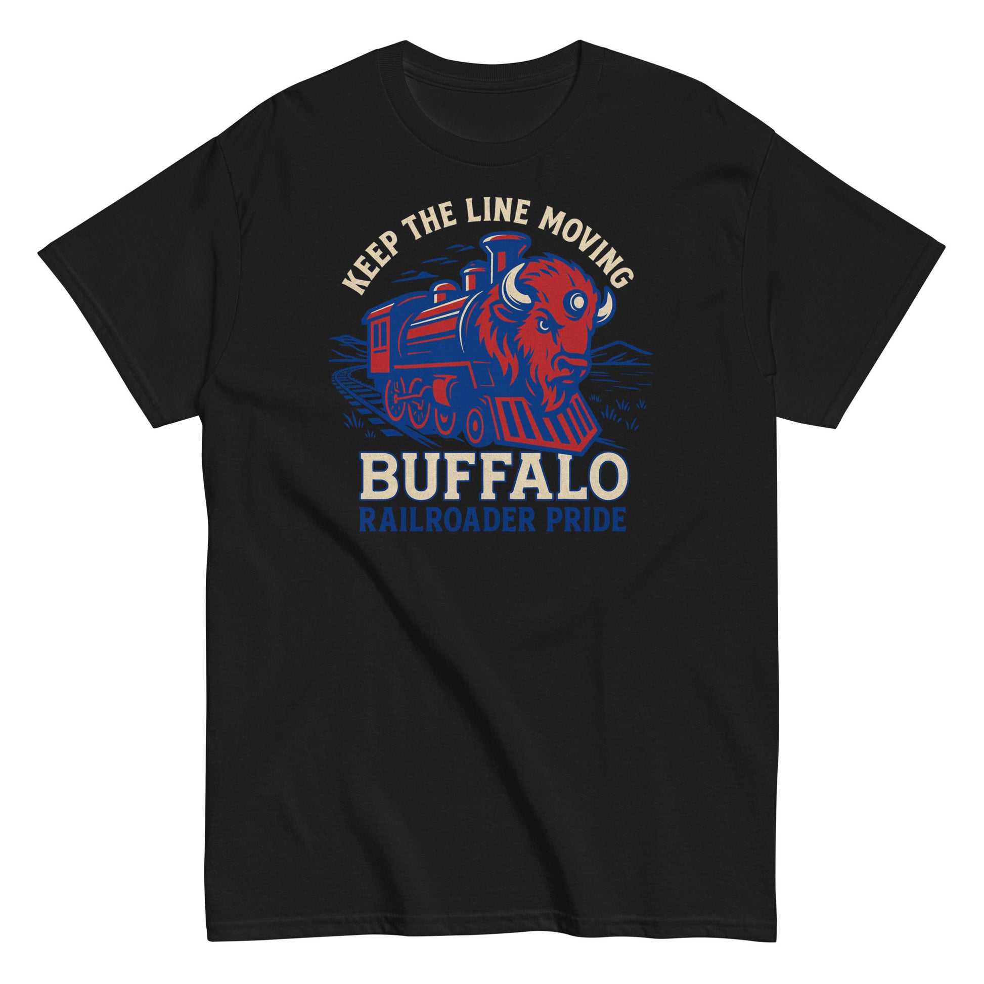 Black t-shirt with a graphic of a train and buffalo, and text 'Keep the Line Moving Buffalo Railroader Pride' on a white background.