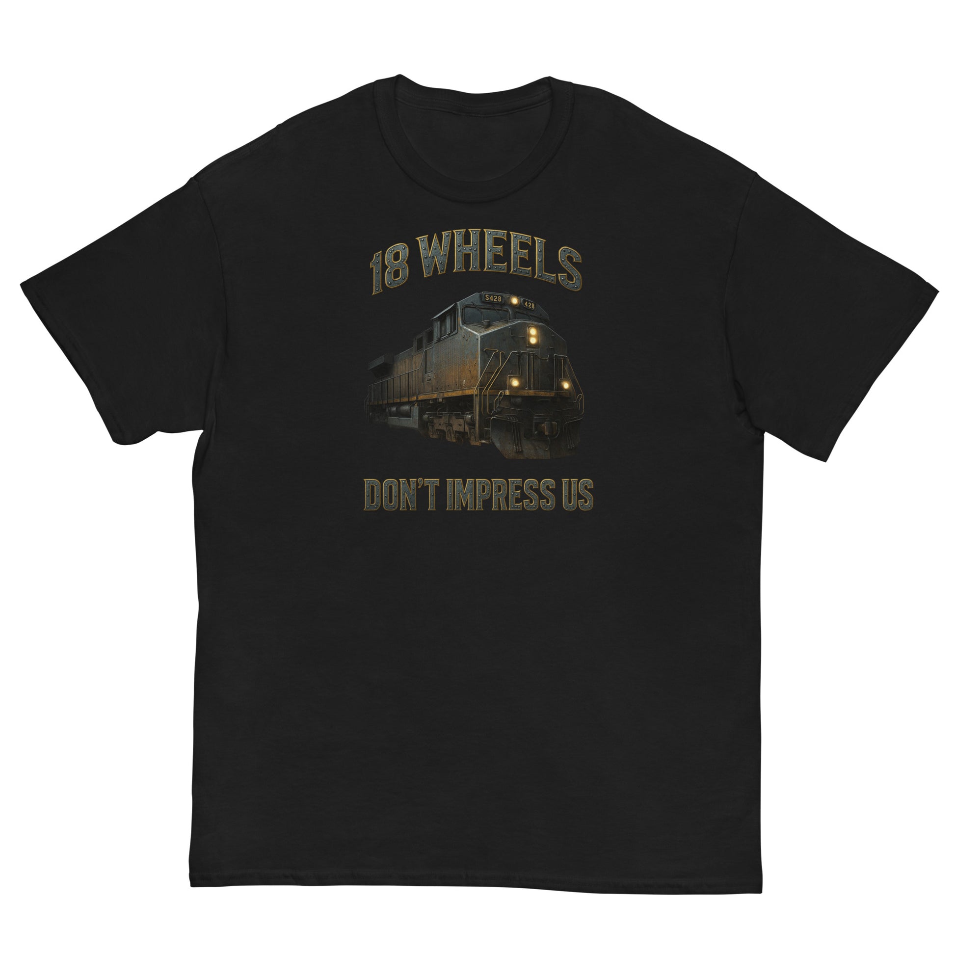 Black t-shirt with a train graphic and text on a white background