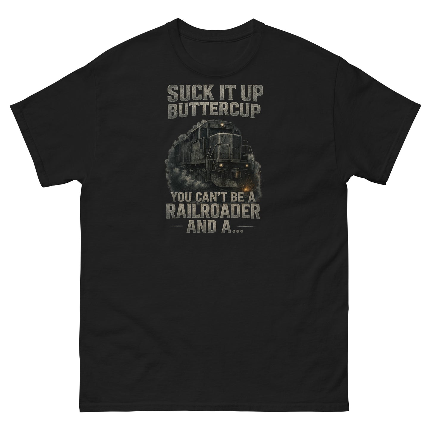 Black t-shirt with a graphic of a train and text on a white background