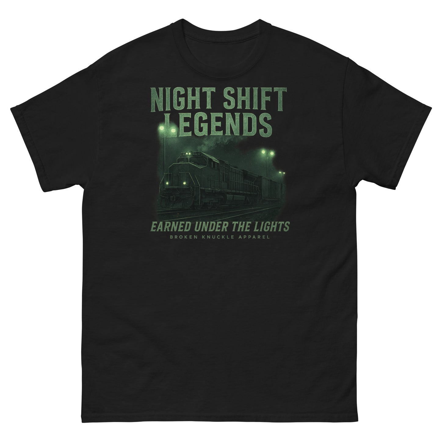 Black t-shirt with 'Night Shift Legends' graphic and text on a white background