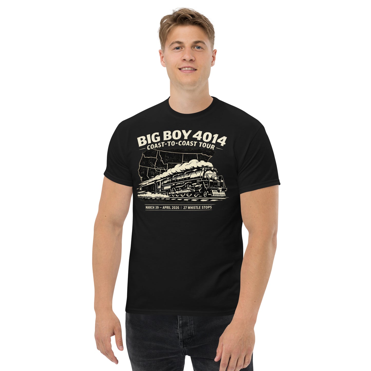 Man wearing a Black vintage graphic t-shirt featuring the Union Pacific Big Boy 4014 steam locomotive for the 2026 Coast-to-Coast tour.
