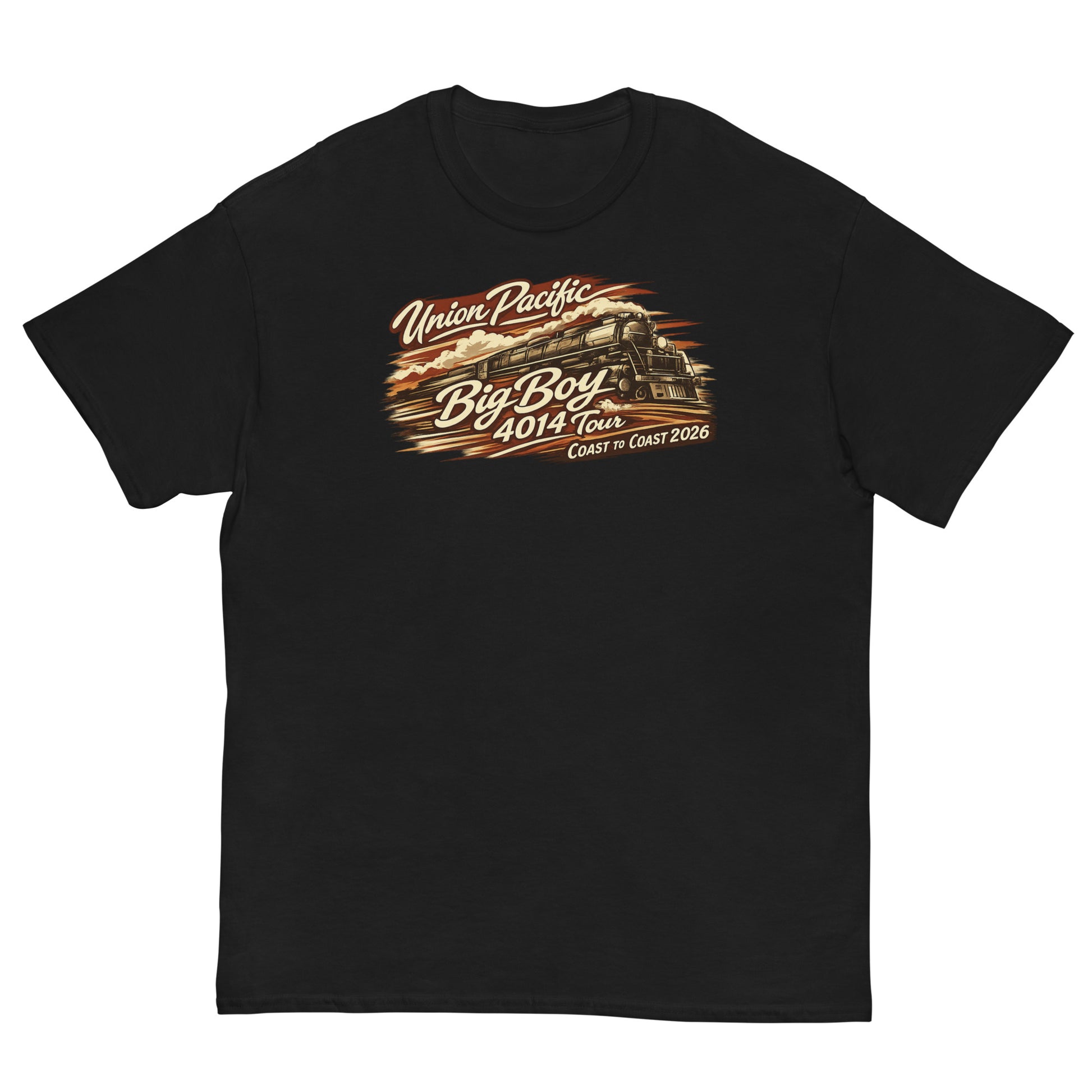 Black t-shirt with Union Pacific Big Boy 4014 Tour graphic on a white background