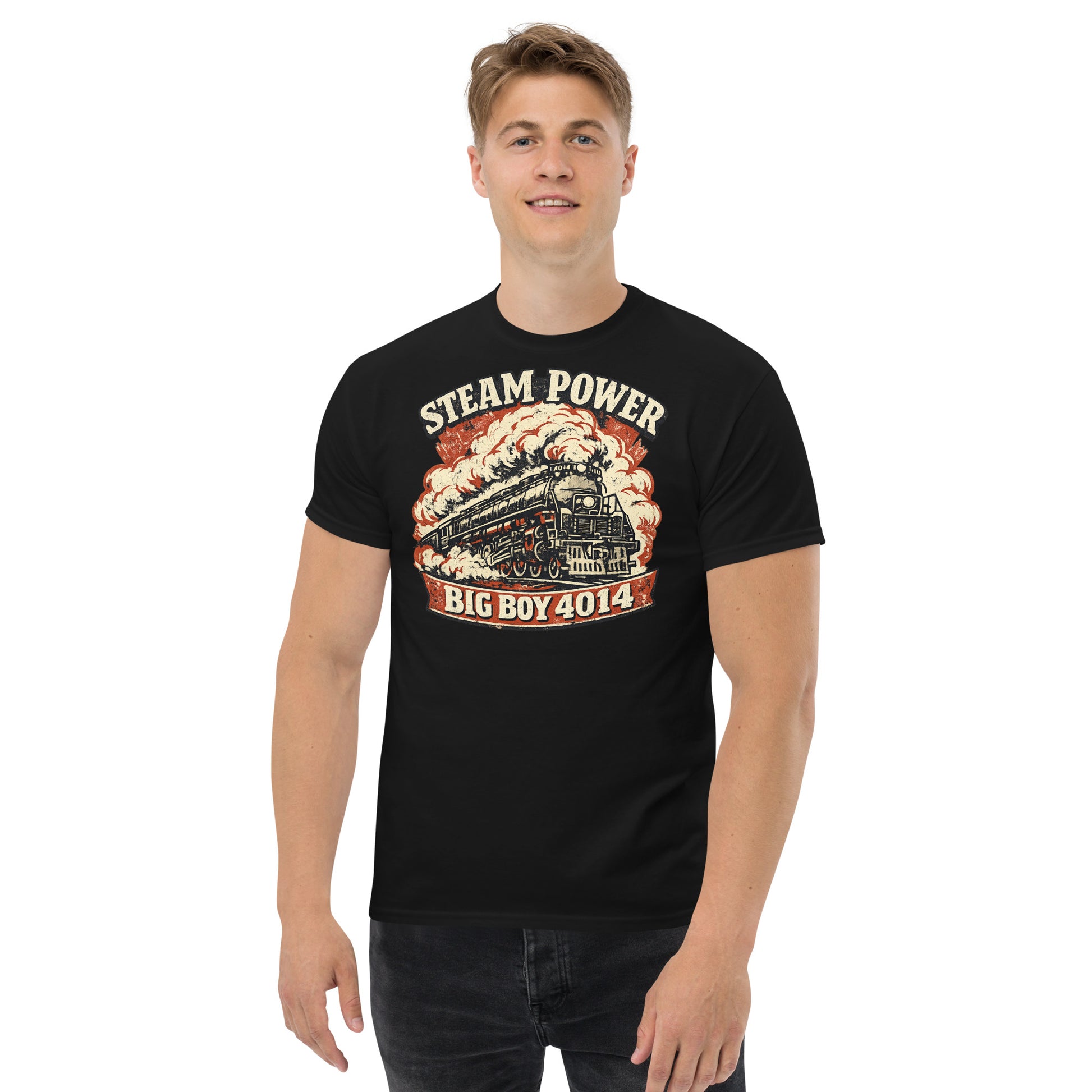 Person wearing a black t-shirt with steam locomotive design and text on a white background