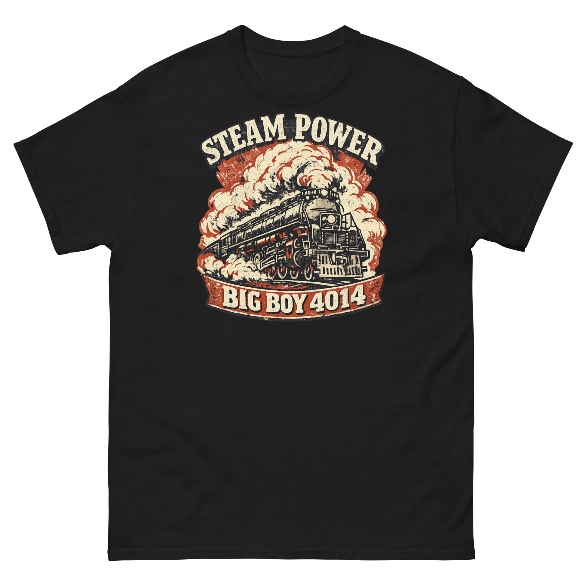 Black t-shirt with steam locomotive graphic and 'Steam Power Big Boy 4014' text on a white background