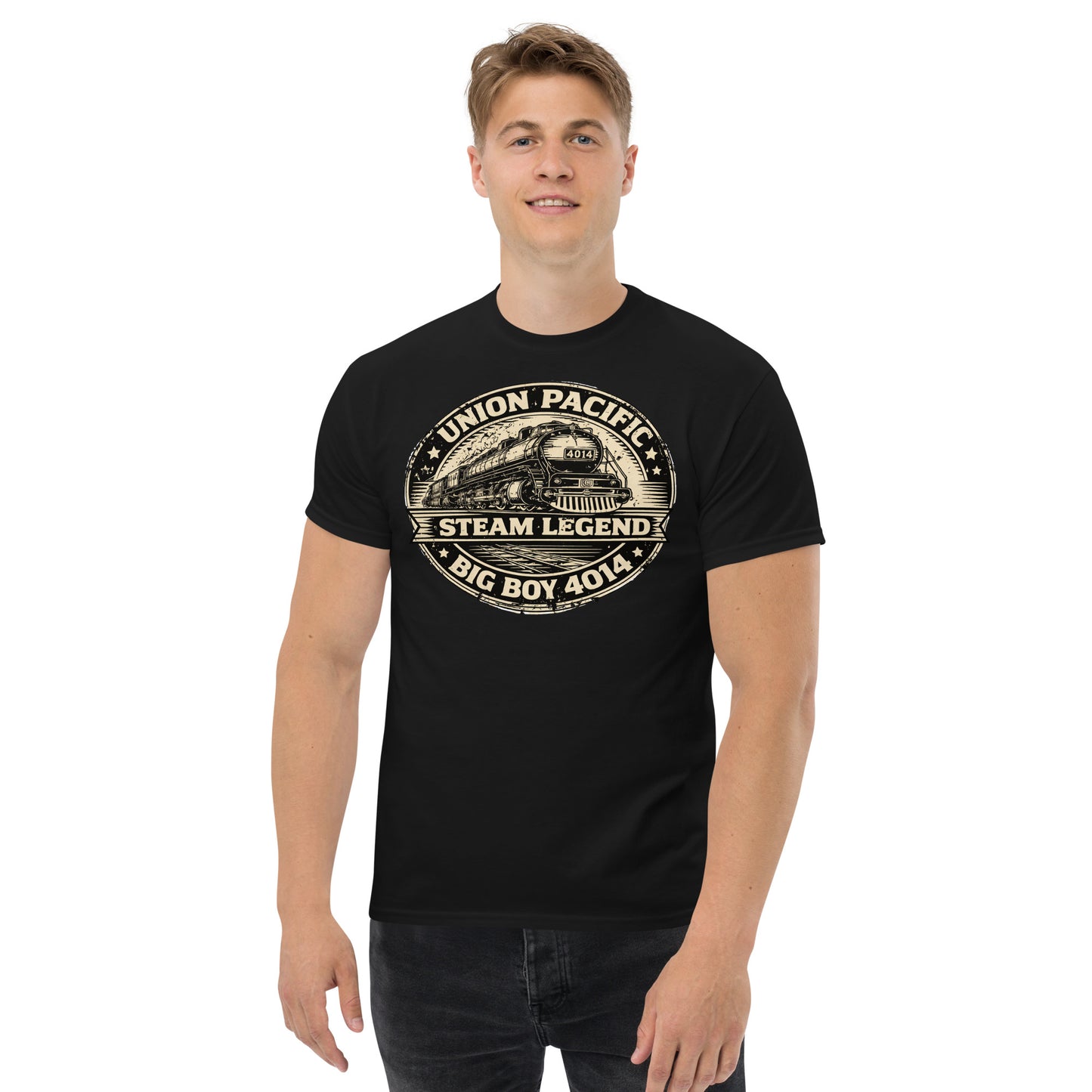 Person wearing a black t-shirt with a Union Pacific steam locomotive graphic on a white background