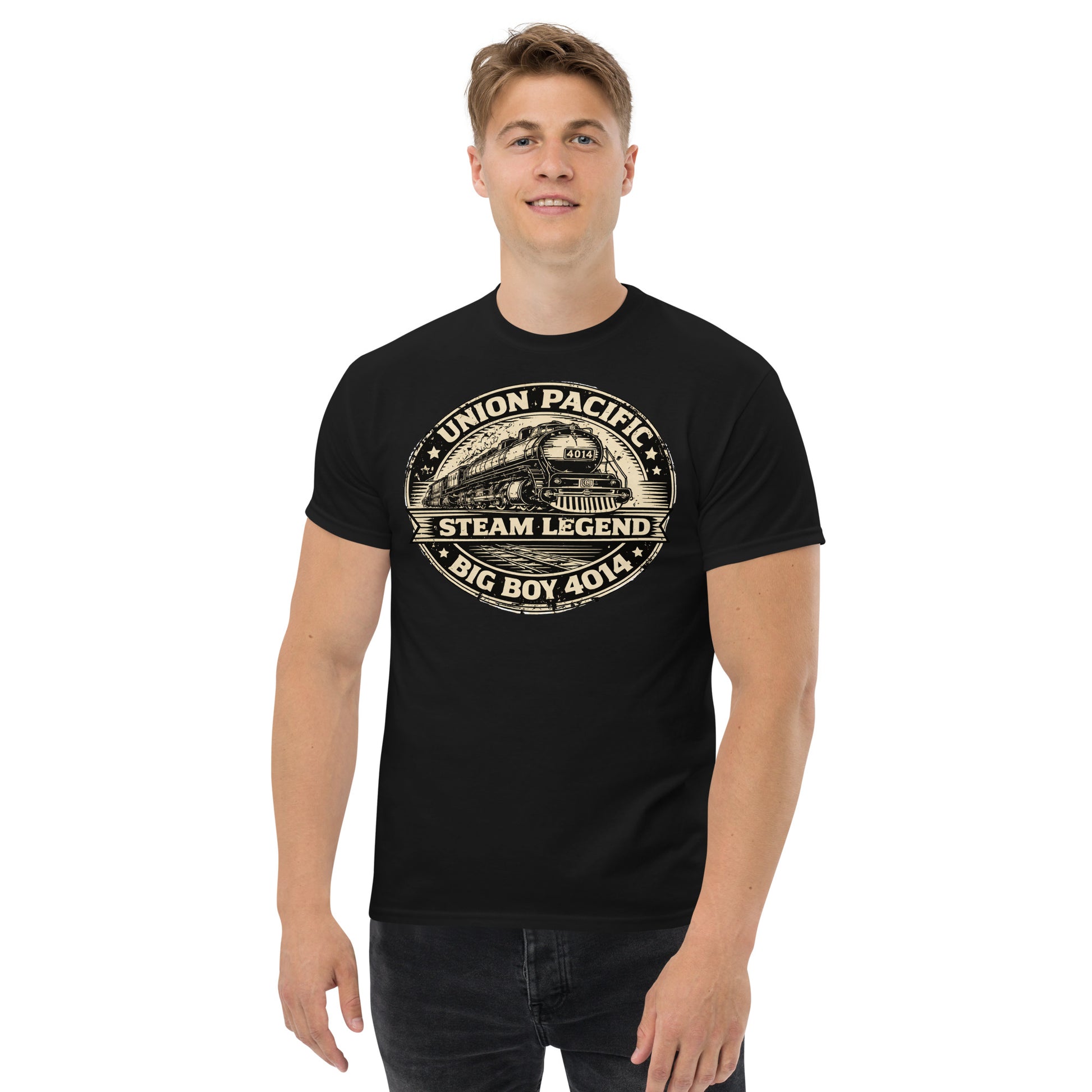 Person wearing a black t-shirt with a Union Pacific steam locomotive graphic on a white background