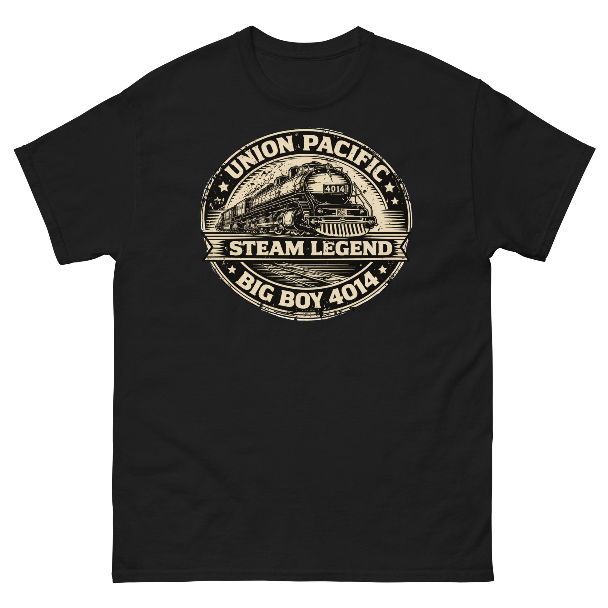 Black t-shirt with Union Pacific steam locomotive graphic on a white background