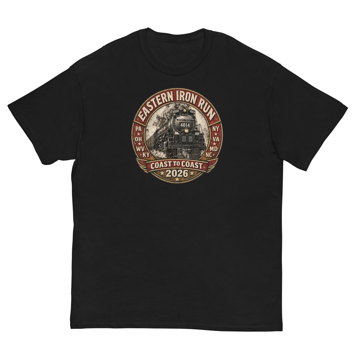 Black t-shirt featuring a vintage graphic of the Union Pacific Big Boy 4014 steam locomotive