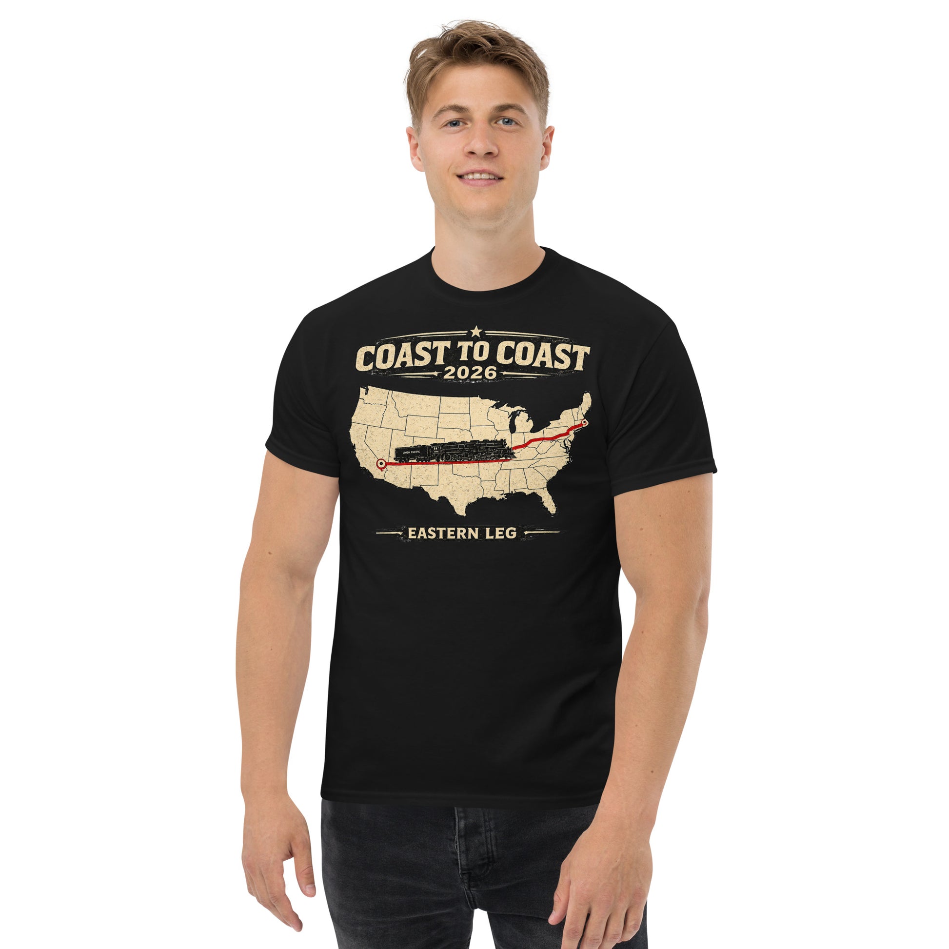 Person wearing a black t-shirt with a map design and text on a white background