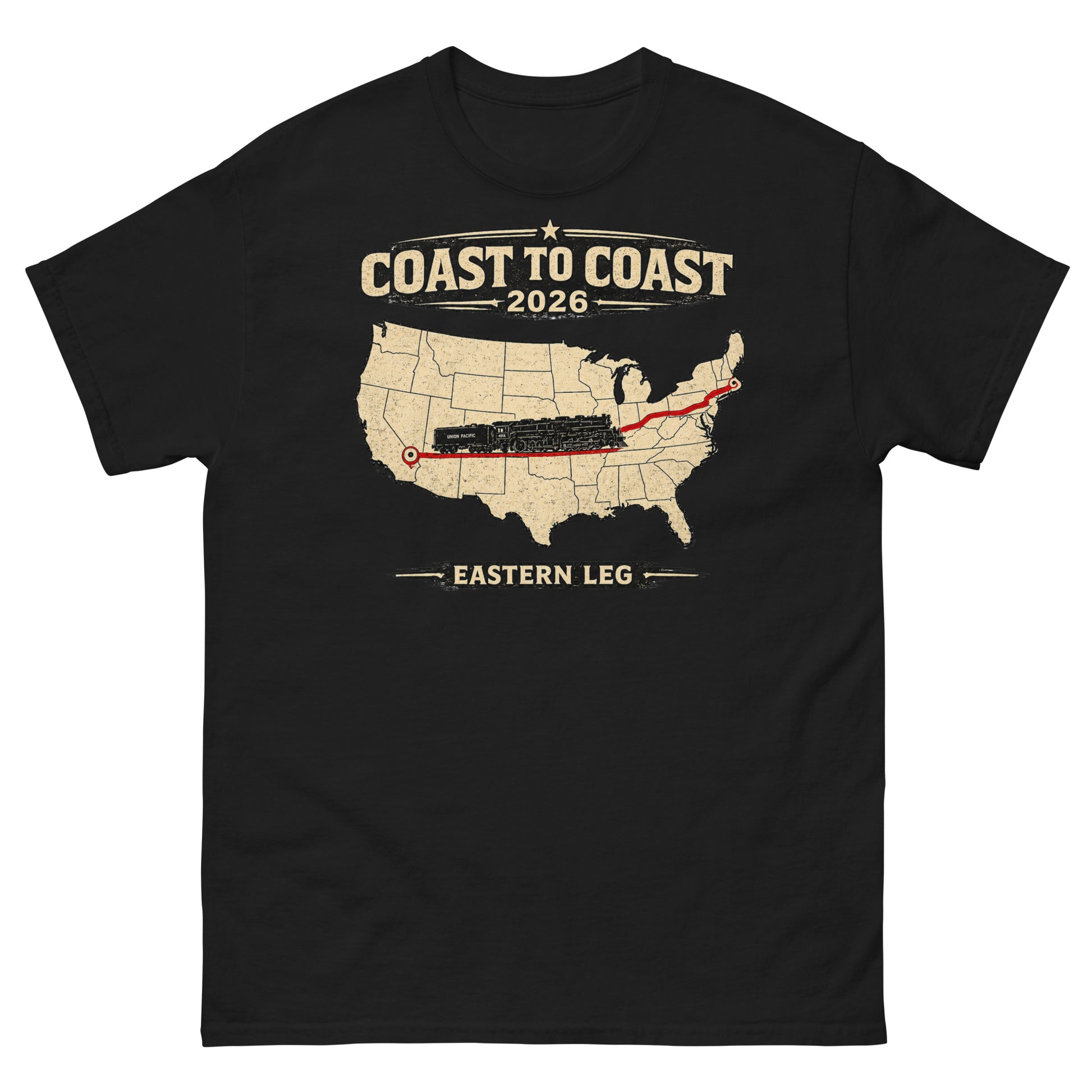 Black t-shirt with a map of the United States and text 'Coast to Coast 2026 Eastern Leg' on a white background