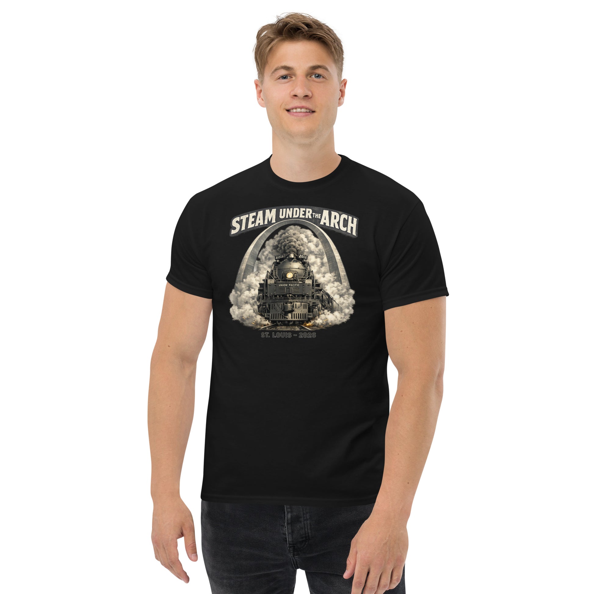 Black t-shirt featuring the Big Boy 4014 steam locomotive under the St. Louis Gateway Arch, with text reading "Steam Under The Arch" and "St. Louis - 2026".