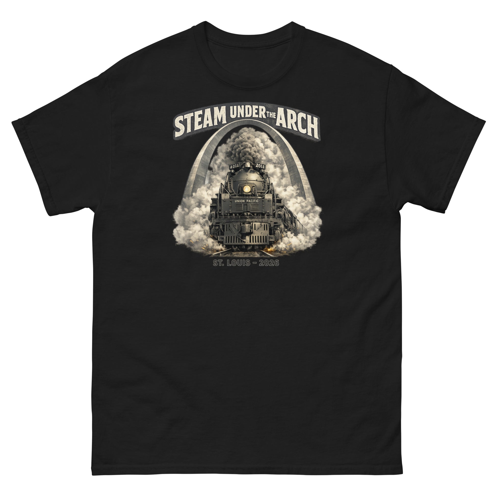 Black t-shirt featuring the Big Boy 4014 steam locomotive under the St. Louis Gateway Arch, with text reading "Steam Under The Arch" and "St. Louis - 2026".