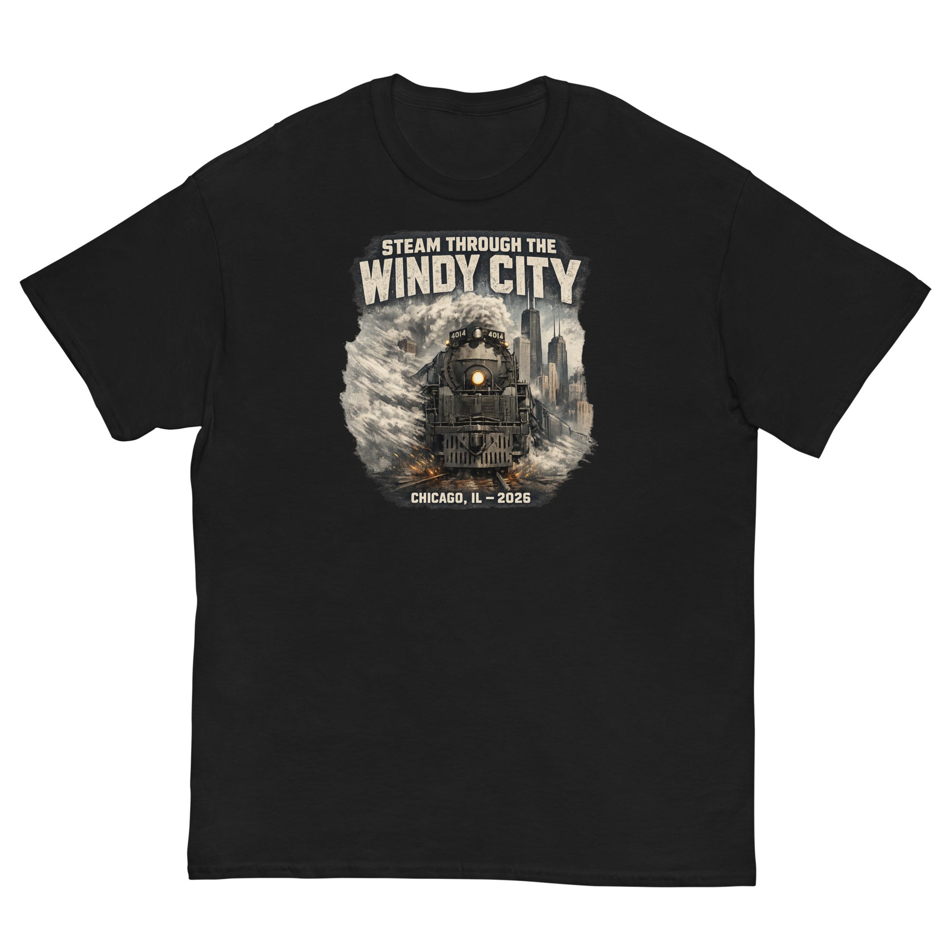 Black t-shirt featuring a graphic of a steam locomotive emerging from smoke in front of a city skyline, with text reading "STEAM THROUGH THE WINDY CITY" at the top and "CHICAGO, IL - 2026" at the bottom.