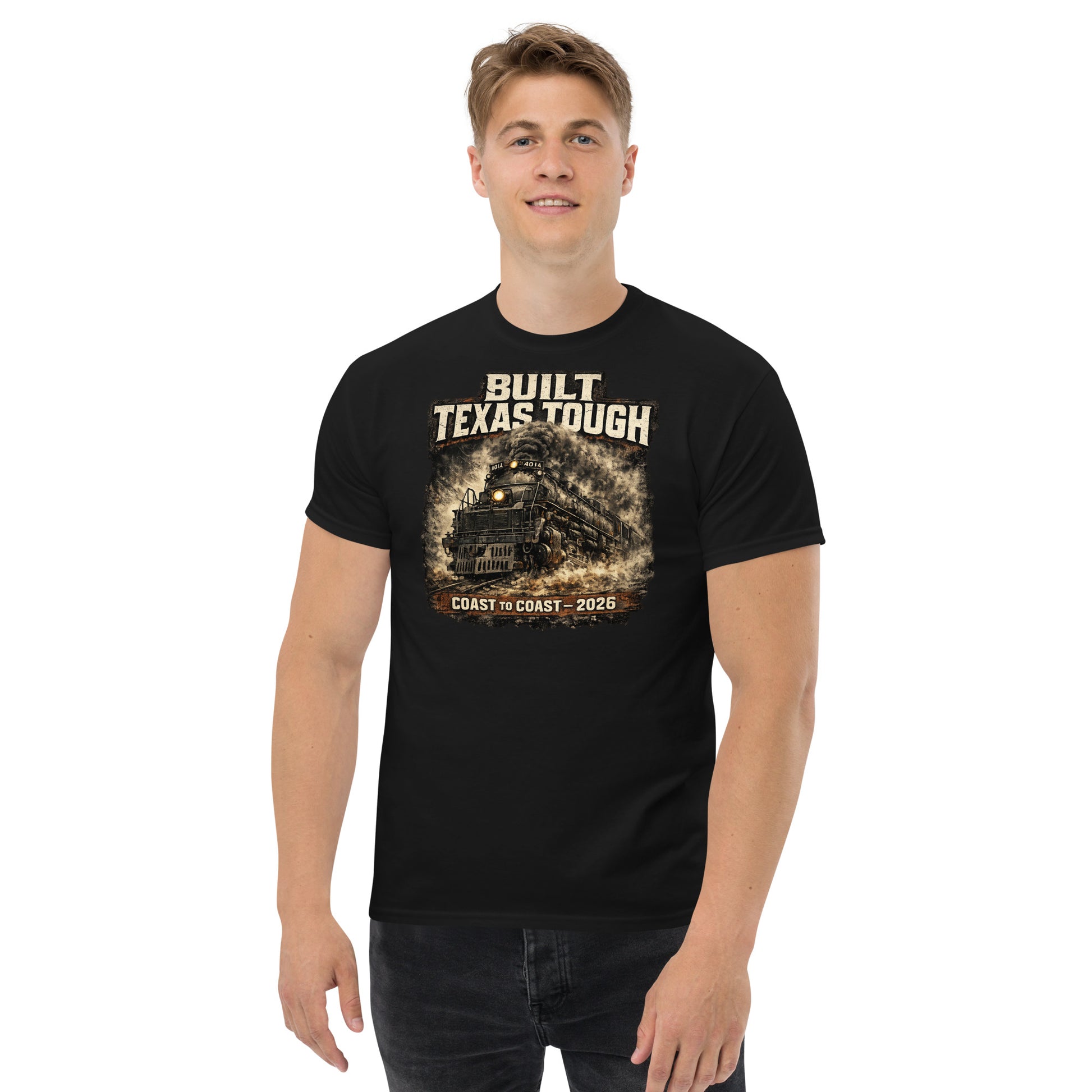 Black t-shirt featuring a gritty, cinematic graphic of the Big Boy 4014 steam locomotive emerging from thick smoke with text reading "Built Texas Tough" and "Coast to Coast - 2026".