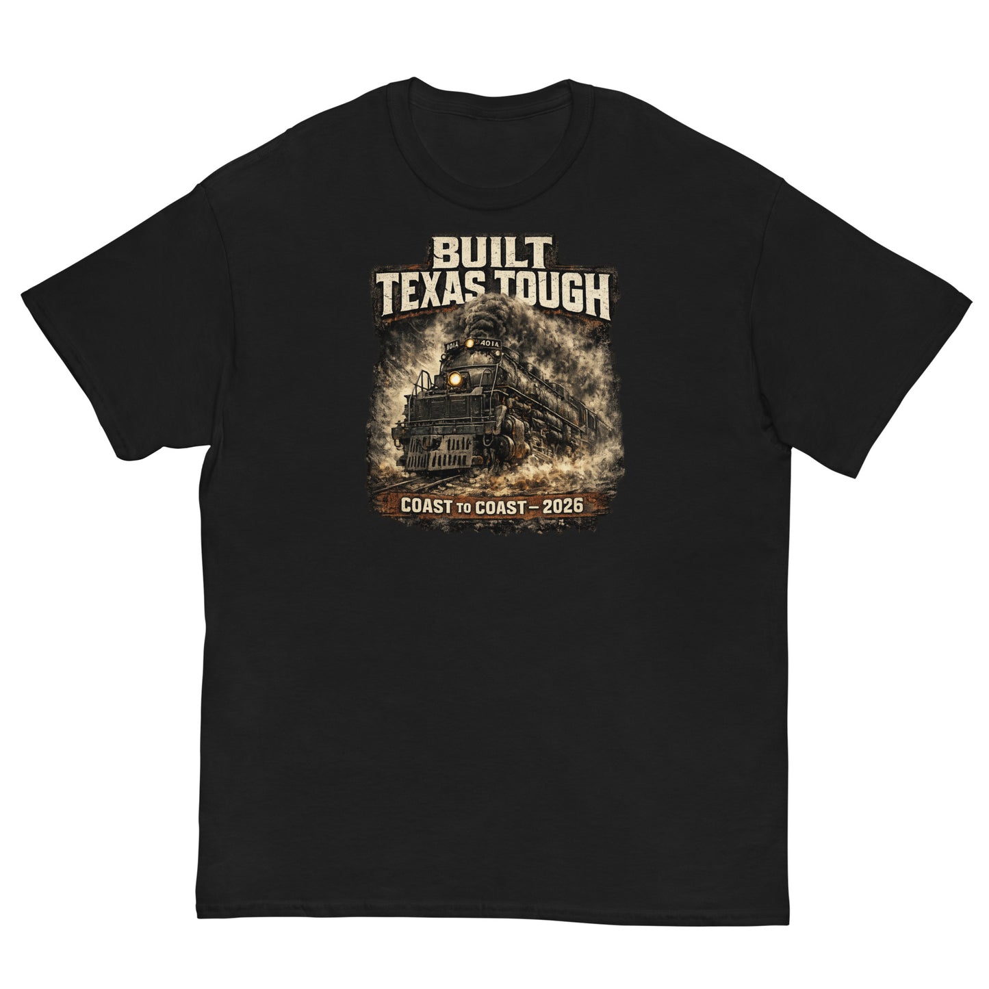 Black t-shirt featuring a gritty, cinematic graphic of the Big Boy 4014 steam locomotive emerging from thick smoke with text reading "Built Texas Tough" and "Coast to Coast - 2026".
