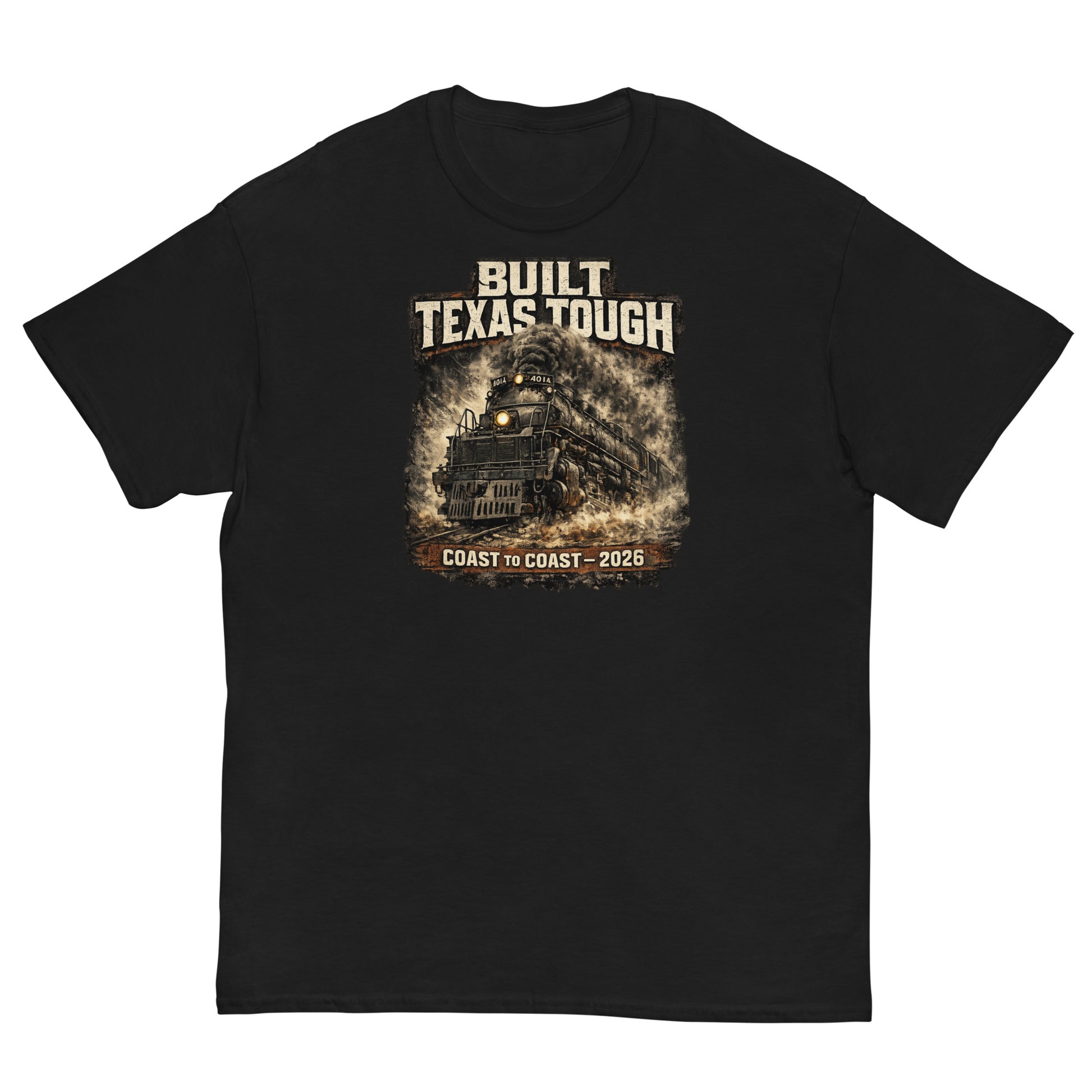 Black t-shirt featuring a gritty, cinematic graphic of the Big Boy 4014 steam locomotive emerging from thick smoke with text reading "Built Texas Tough" and "Coast to Coast - 2026".