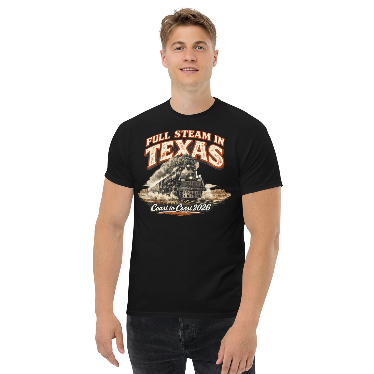Black t-shirt featuring the Big Boy 4014 steam locomotive traveling through a desert landscape with text reading "Full Steam In Texas" and "Coast to Coast 2026".