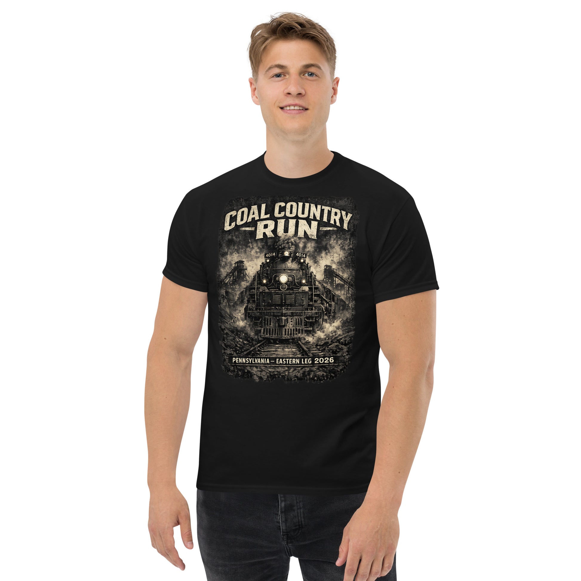 Black t-shirt featuring a dark, gritty graphic of the Big Boy 4014 steam locomotive passing historic coal mine structures, with text reading "Coal Country Run" and "Pennsylvania - Eastern Leg 2026".