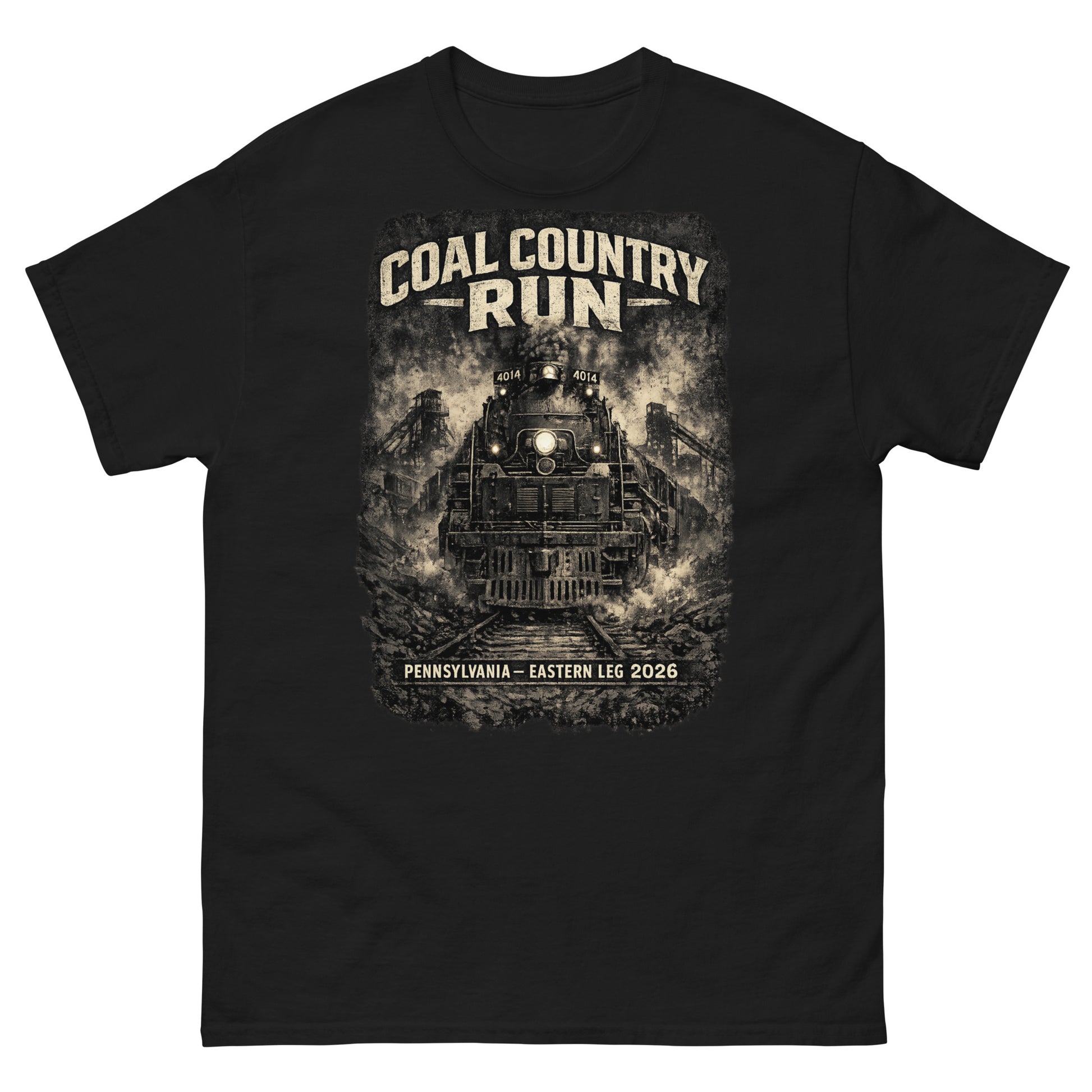Black t-shirt featuring a dark, gritty graphic of the Big Boy 4014 steam locomotive passing historic coal mine structures, with text reading "Coal Country Run" and "Pennsylvania - Eastern Leg 2026".