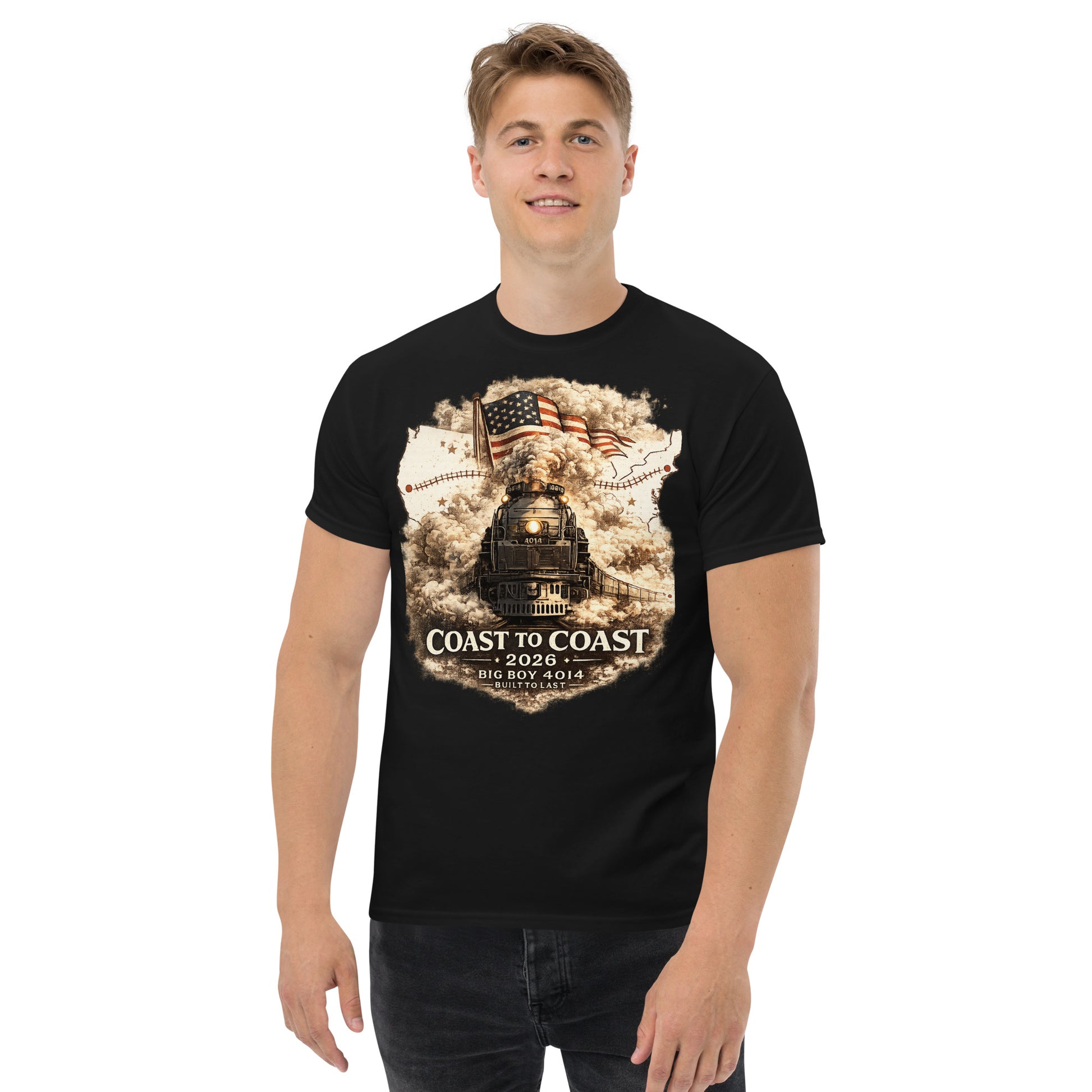 Black t-shirt featuring the Big Boy 4014 steam locomotive, a waving American flag, and a US map showing a track route, with text reading "Coast to Coast 2026", "Big Boy 4014", and "Built To Last".