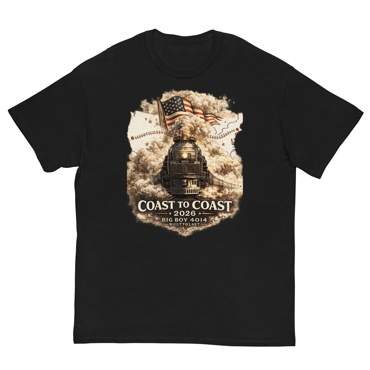 Black t-shirt featuring the Big Boy 4014 steam locomotive, a waving American flag, and a US map showing a track route, with text reading "Coast to Coast 2026", "Big Boy 4014", and "Built To Last".