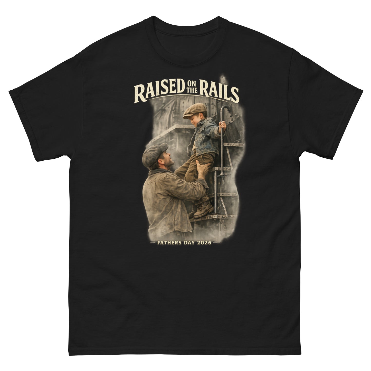 Black t-shirt featuring a vintage-style graphic of a father lifting his young son onto a steam locomotive ladder, with text reading "Raised On The Rails" and "Fathers Day 2026".