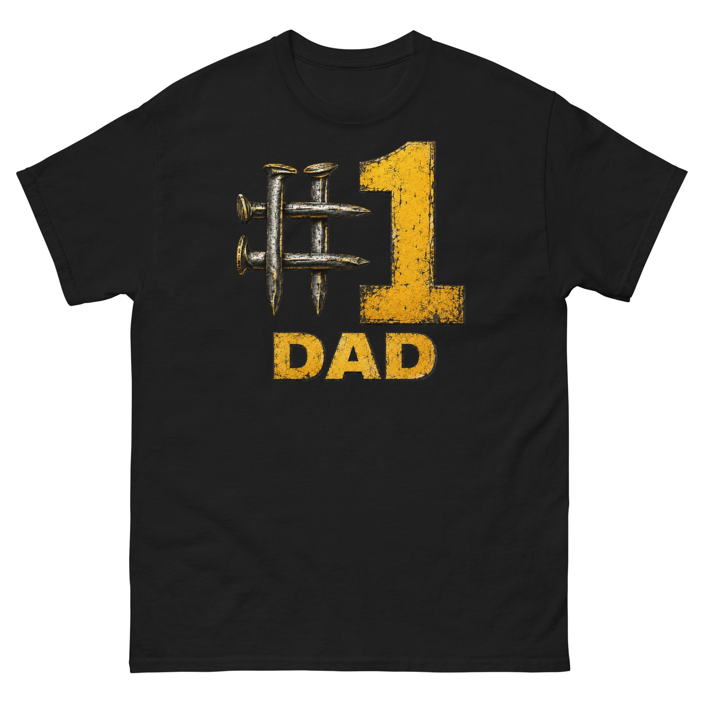 Black t-shirt featuring a hashtag symbol made of four crossed metal railroad spikes next to a large, distressed yellow number 1, with the word DAD in matching distressed yellow text directly below.