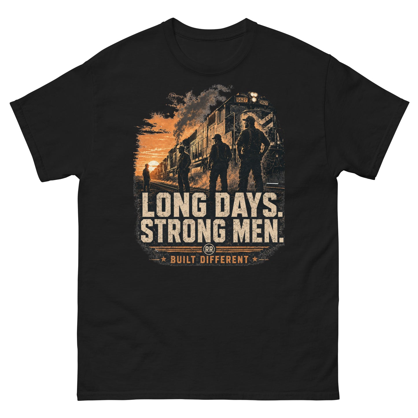 Black t-shirt featuring a sunset graphic of a modern locomotive and silhouettes of a railroad crew standing on the tracks, with text reading "LONG DAYS. STRONG MEN." and "BUILT DIFFERENT" at the bottom.