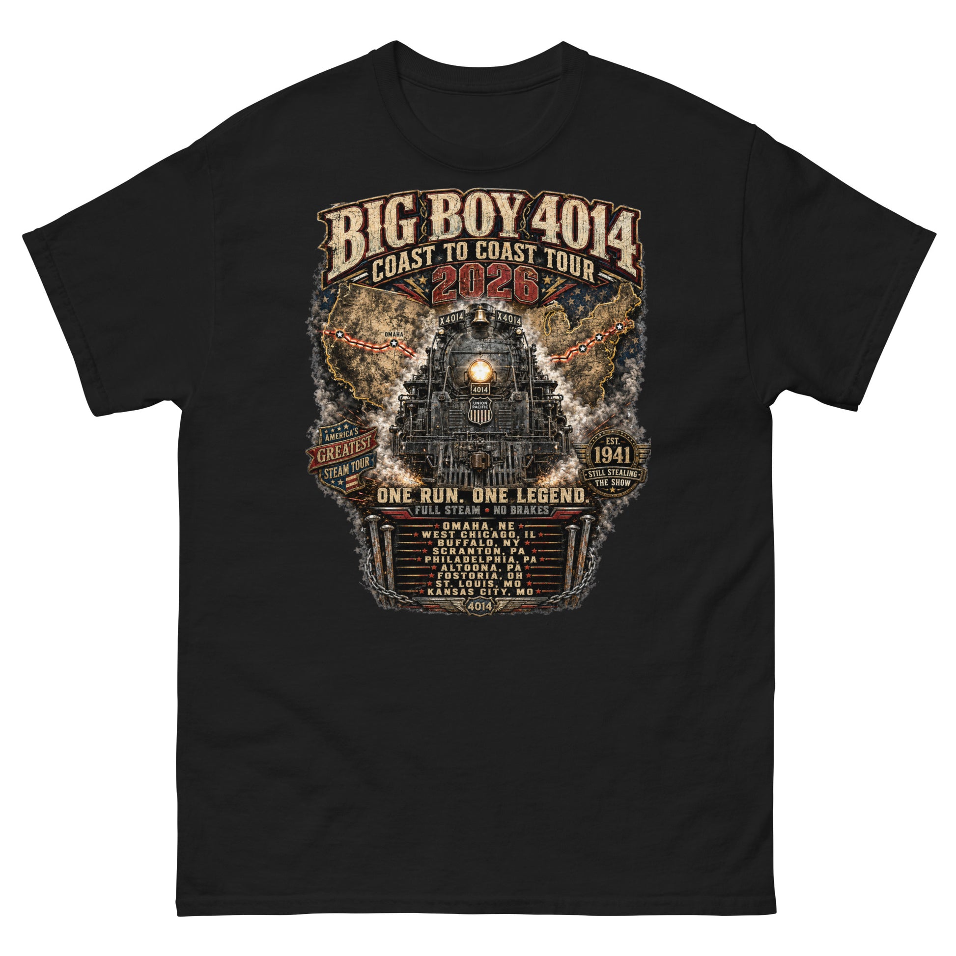 Black t-shirt featuring a highly detailed, industrial graphic of the Big Boy 4014 steam locomotive backed by a US map, with text reading "BIG BOY 4014 COAST TO COAST TOUR 2026", "ONE RUN. ONE LEGEND.", and a roster of tour stops from Omaha to Kansas City surrounded by metal spikes and chains.