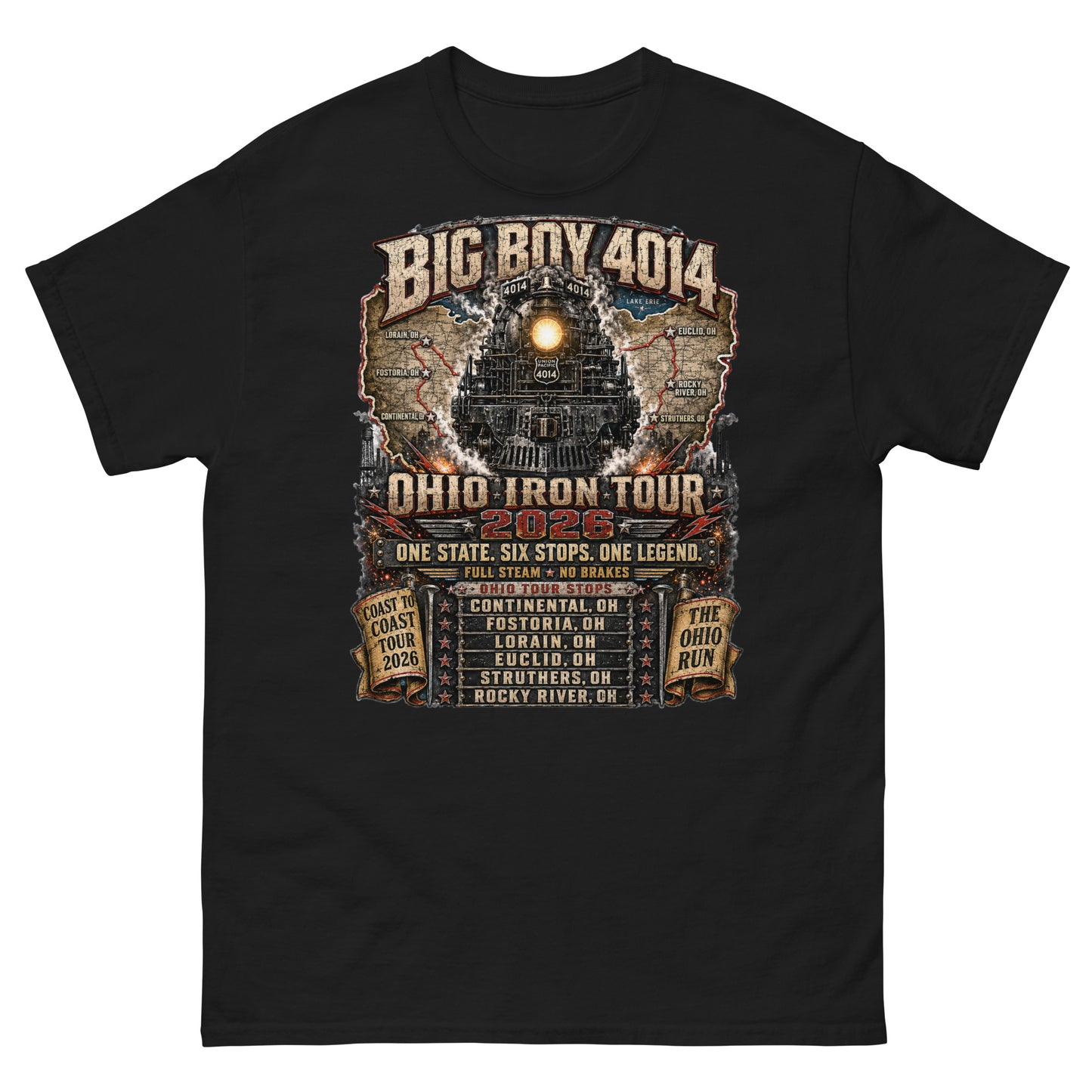 Black t-shirt featuring a highly detailed graphic of the Big Boy 4014 steam locomotive backed by a map of Ohio. Text reads "BIG BOY 4014", "OHIO IRON TOUR 2026", "ONE STATE. SIX STOPS. ONE LEGEND.", alongside banners for "COAST TO COAST TOUR 2026" and "THE OHIO RUN", plus a detailed roster of six Ohio tour stops.