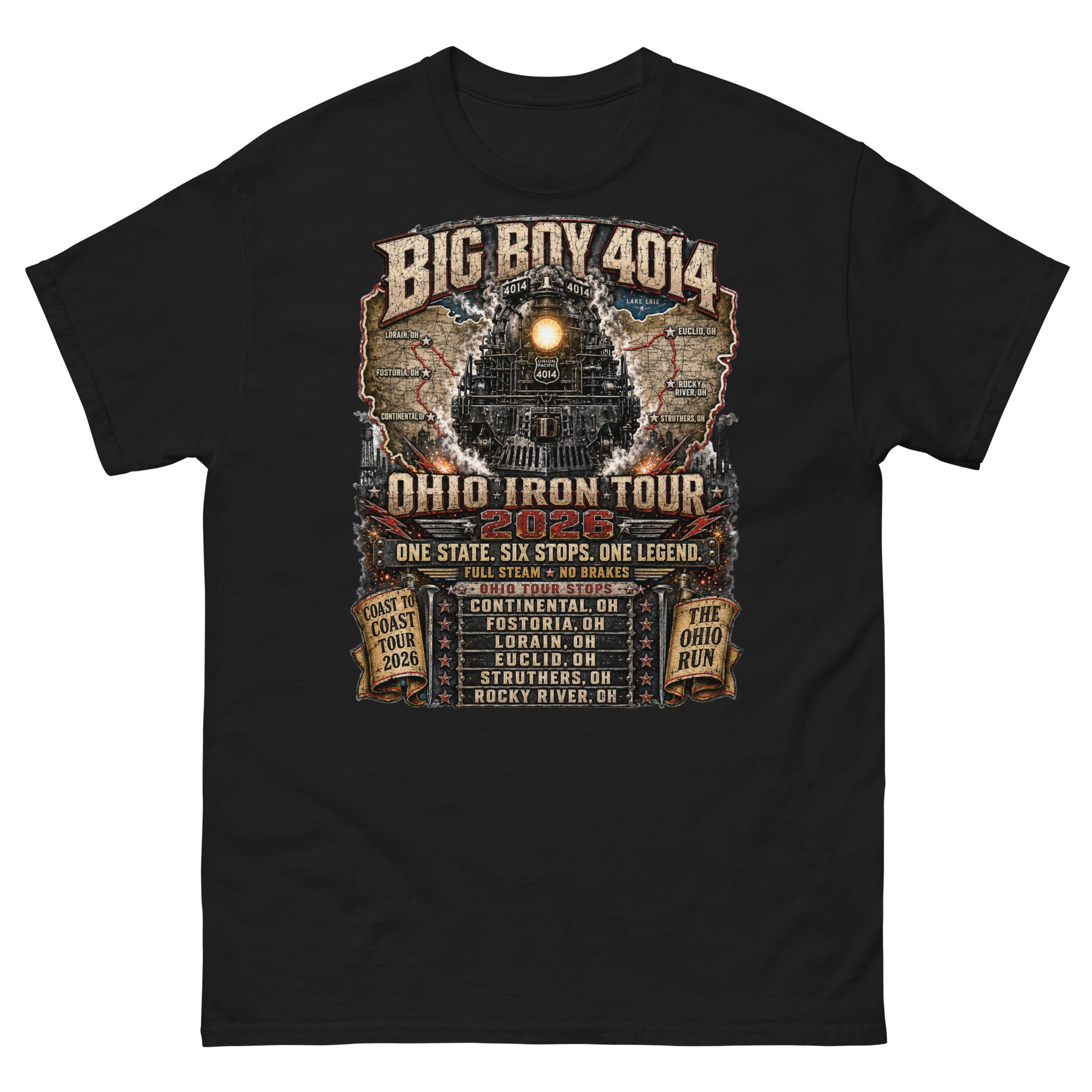 Black t-shirt featuring a highly detailed graphic of the Big Boy 4014 steam locomotive backed by a map of Ohio. Text reads "BIG BOY 4014", "OHIO IRON TOUR 2026", "ONE STATE. SIX STOPS. ONE LEGEND.", alongside banners for "COAST TO COAST TOUR 2026" and "THE OHIO RUN", plus a detailed roster of six Ohio tour stops.
