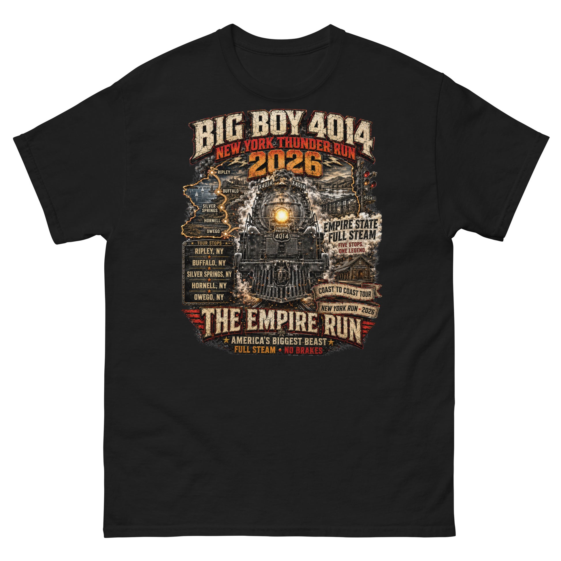 Black t-shirt featuring a highly detailed graphic of the Big Boy 4014 steam locomotive backed by a map of New York state. Text reads "BIG BOY 4014", "NEW YORK THUNDER RUN 2026", "THE EMPIRE RUN", alongside banners for "EMPIRE STATE FULL STEAM" and "COAST TO COAST TOUR", plus a detailed roster of five New York tour stops: Ripley, Buffalo, Silver Springs, Hornell, and Owego.